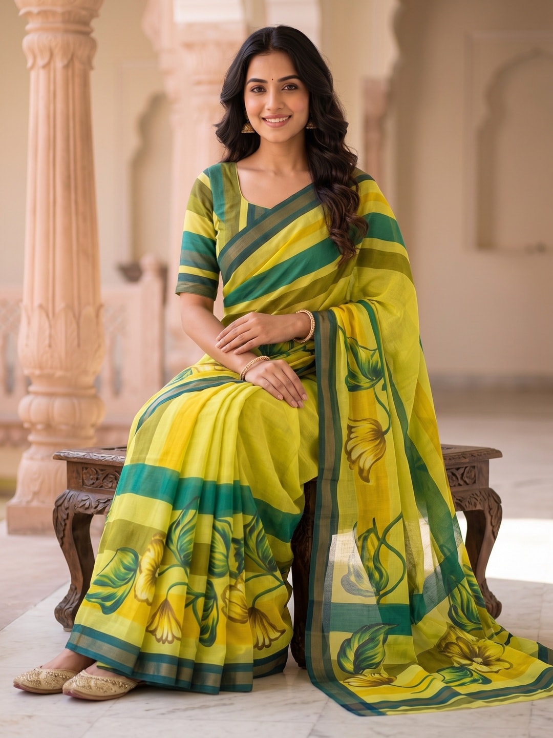 Peachmode Lime Yellow Digital Printed Malai Cotton Saree - Image 4
