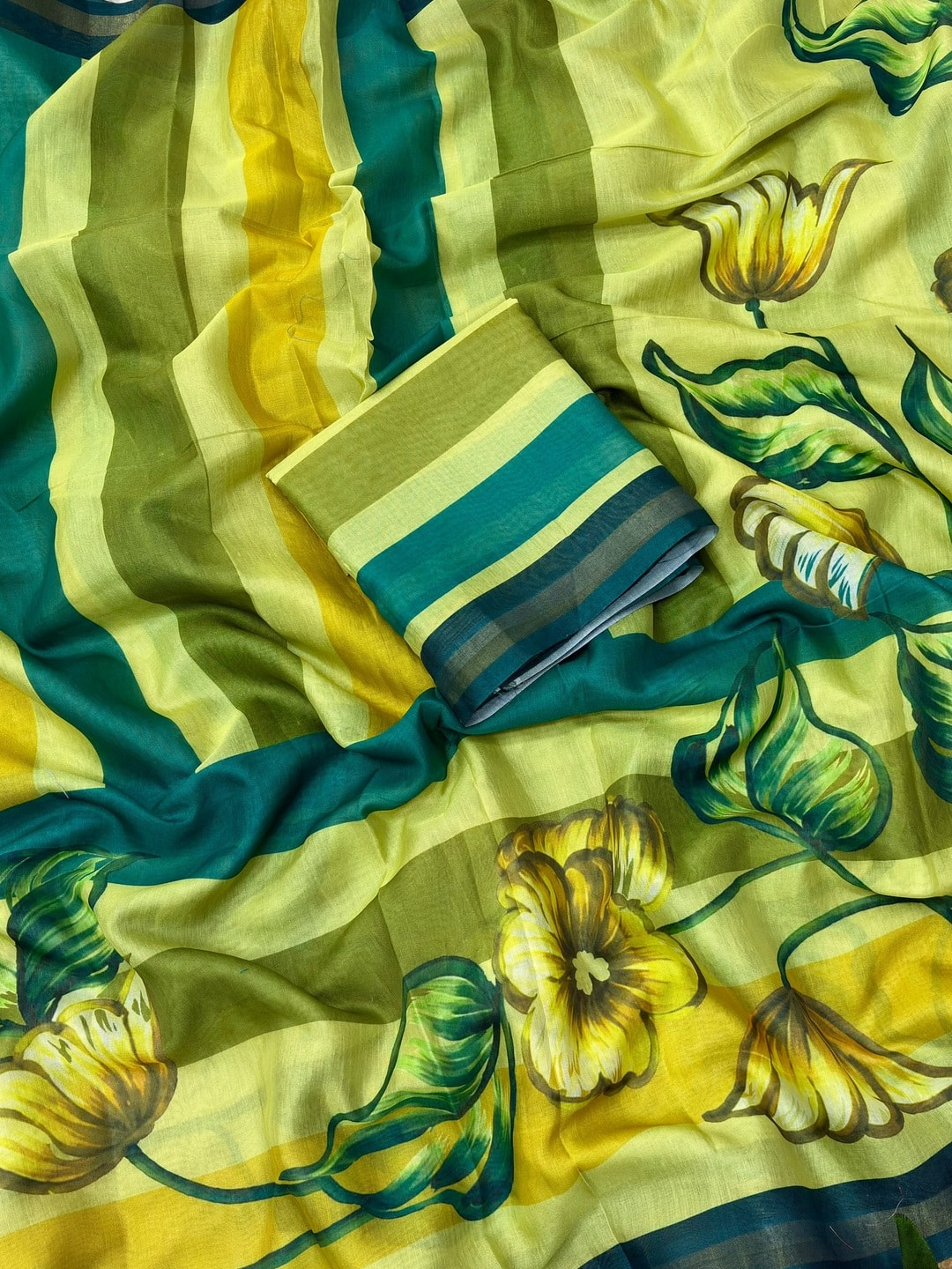 Peachmode Lime Yellow Digital Printed Malai Cotton Saree - Image 5