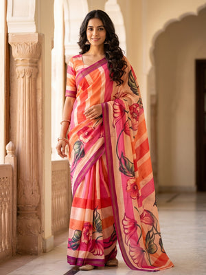 Peachmode Peach Digital Printed Malai Cotton Saree - Image 1