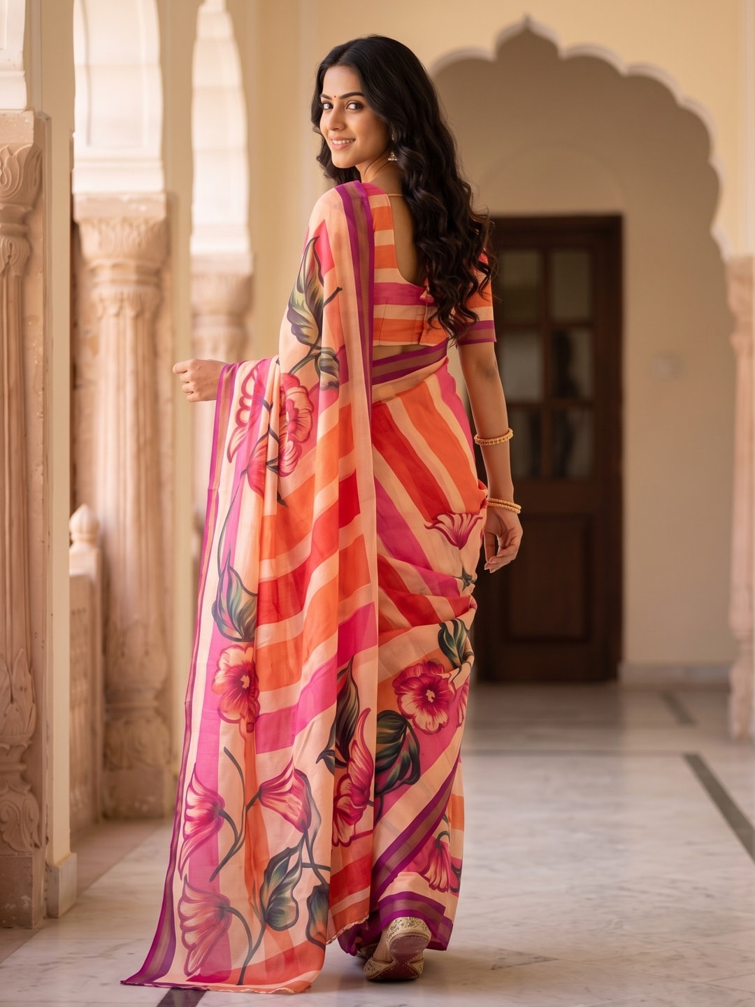 Peachmode Peach Digital Printed Malai Cotton Saree - Image 2