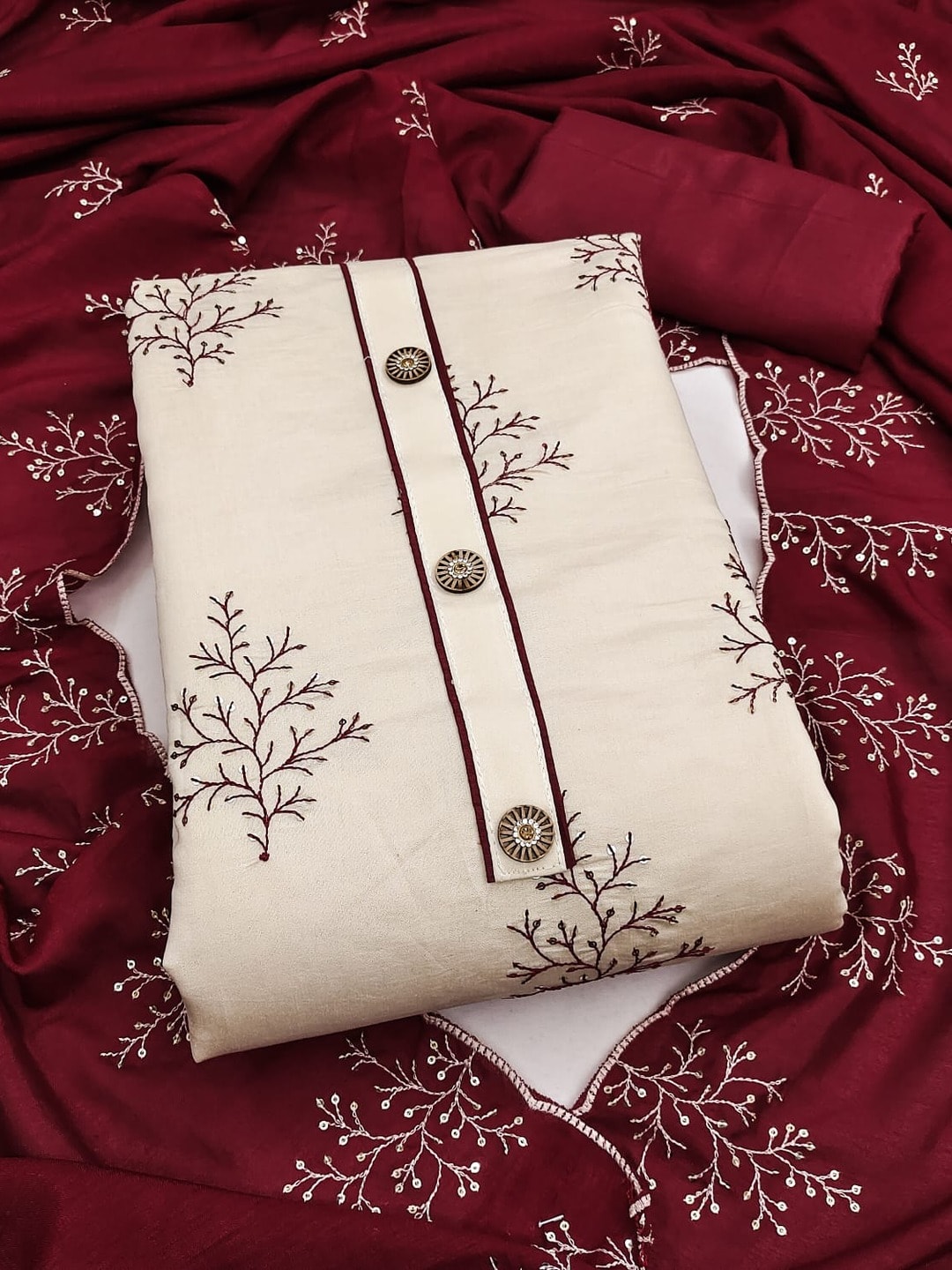 Peachmode Maroon Roman Silk Unstitched Dress Material With Multi Sequence Work And Chanderi Silk Dupatta - Image 1