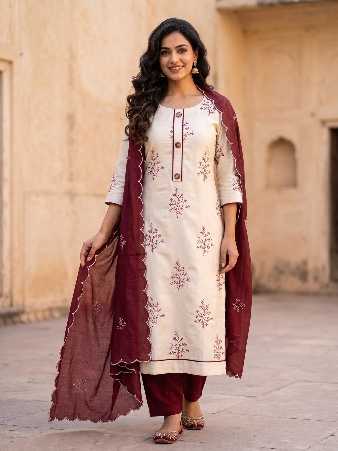 Peachmode Maroon Roman Silk Unstitched Dress Material With Multi Sequence Work And Chanderi Silk Dupatta - Image 2