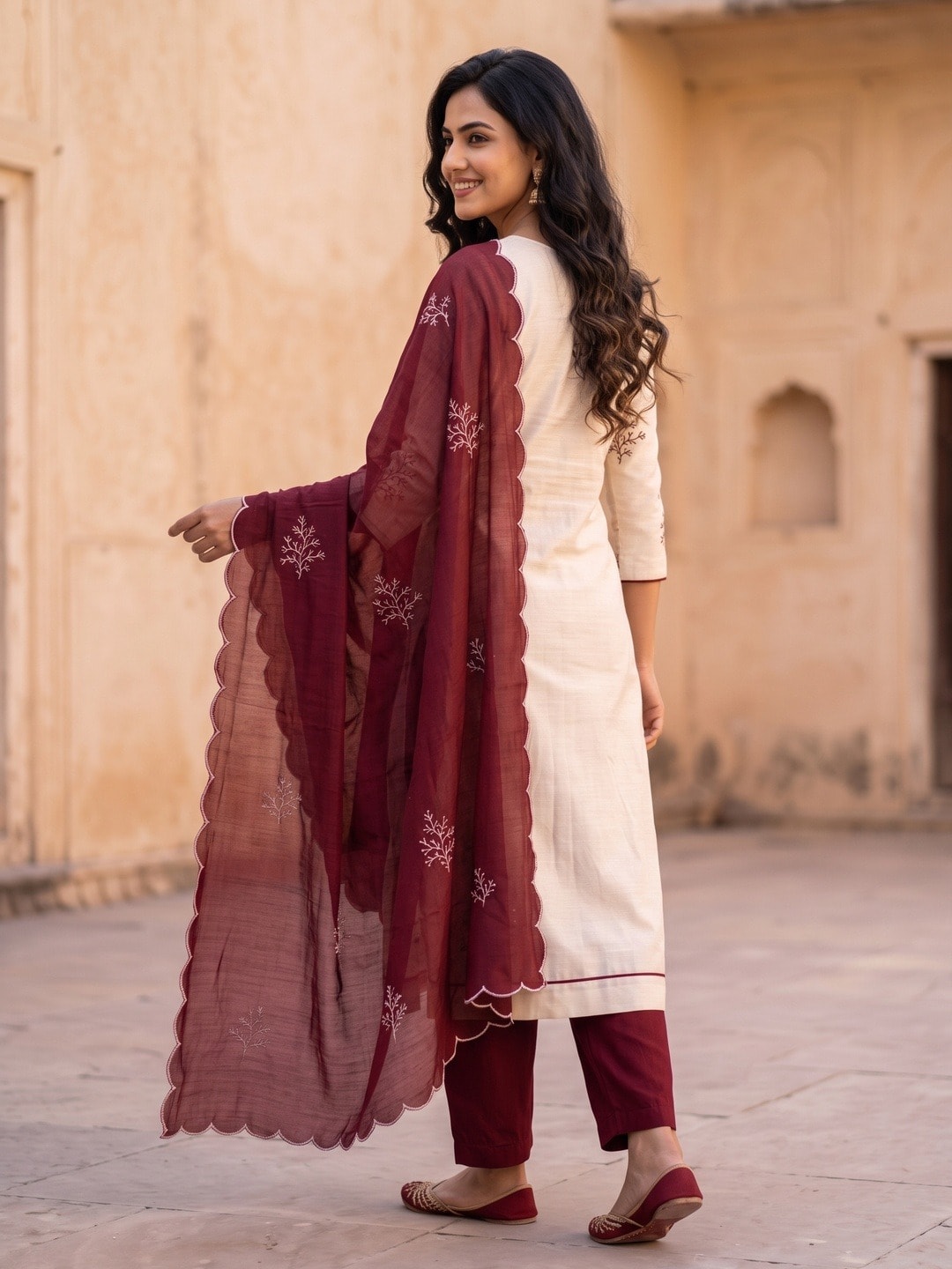 Peachmode Maroon Roman Silk Unstitched Dress Material With Multi Sequence Work And Chanderi Silk Dupatta - Image 4