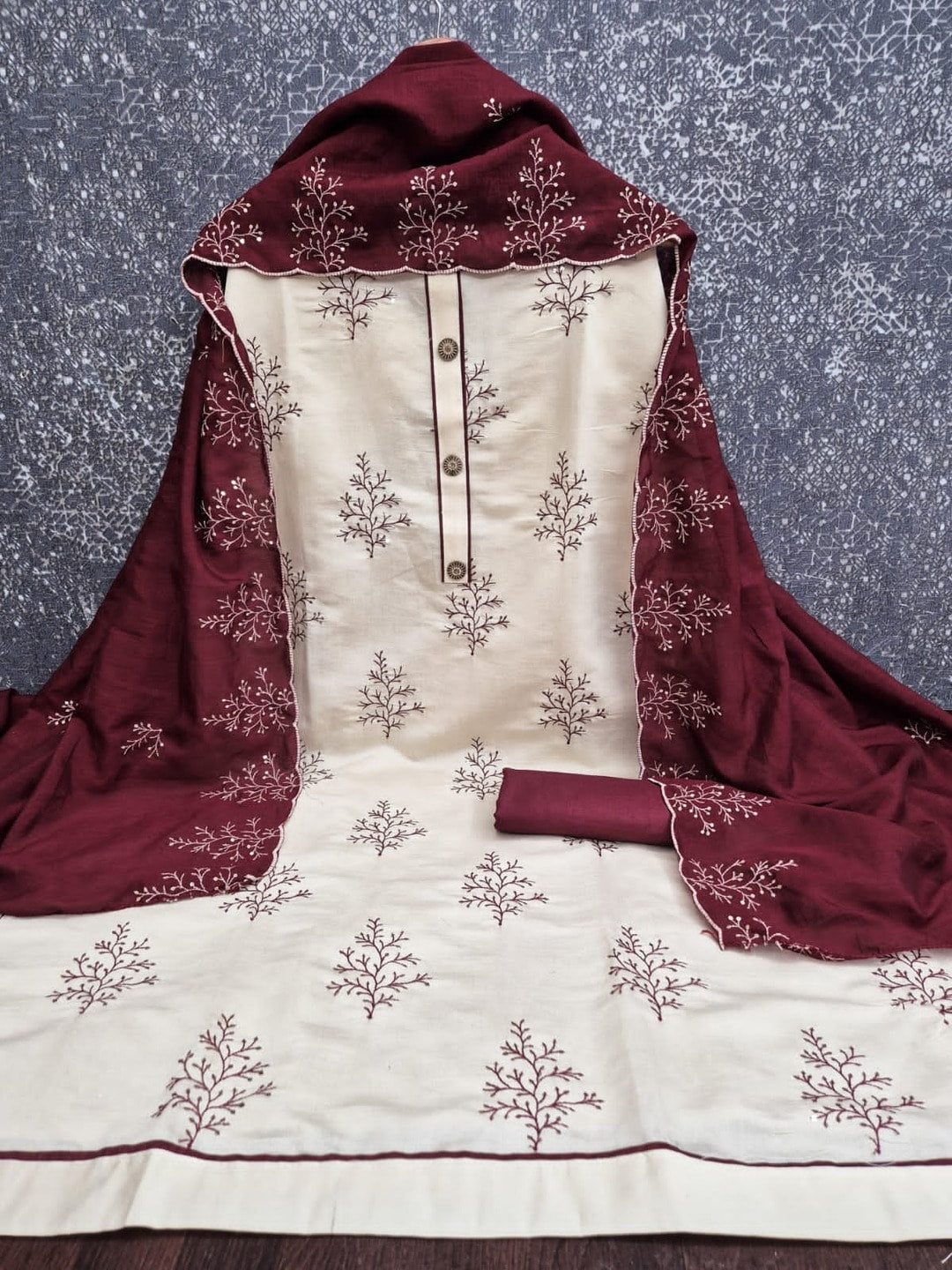 Peachmode Maroon Roman Silk Unstitched Dress Material With Multi Sequence Work And Chanderi Silk Dupatta - Image 5