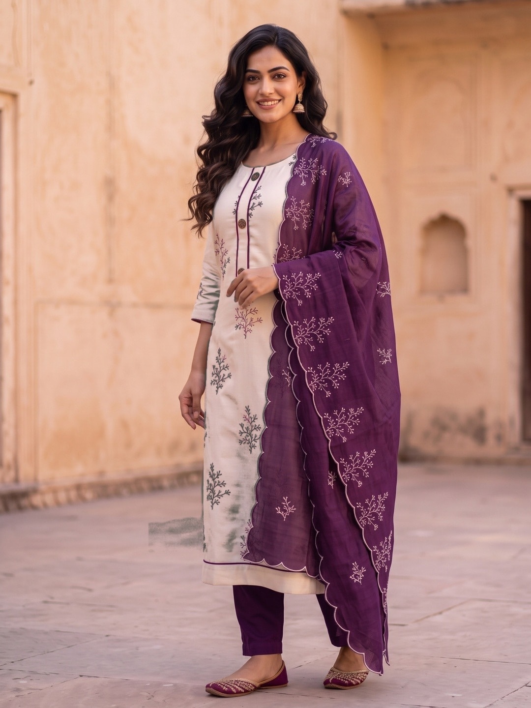 Peachmode Purple Roman Silk Unstitched Dress Material With Multi Sequence Work And Chanderi Silk Dupatta - Image 3