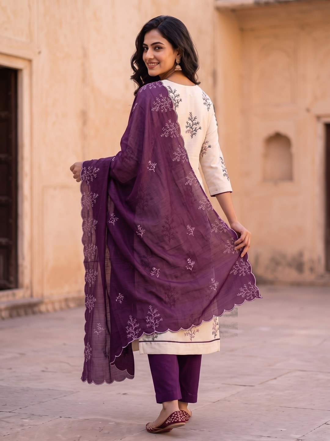 Peachmode Purple Roman Silk Unstitched Dress Material With Multi Sequence Work And Chanderi Silk Dupatta - Image 4
