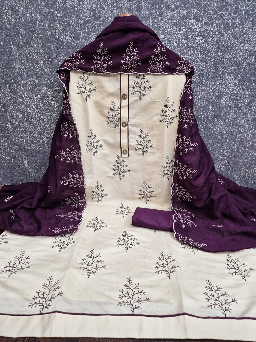 Peachmode Purple Roman Silk Unstitched Dress Material With Multi Sequence Work And Chanderi Silk Dupatta - Image 5