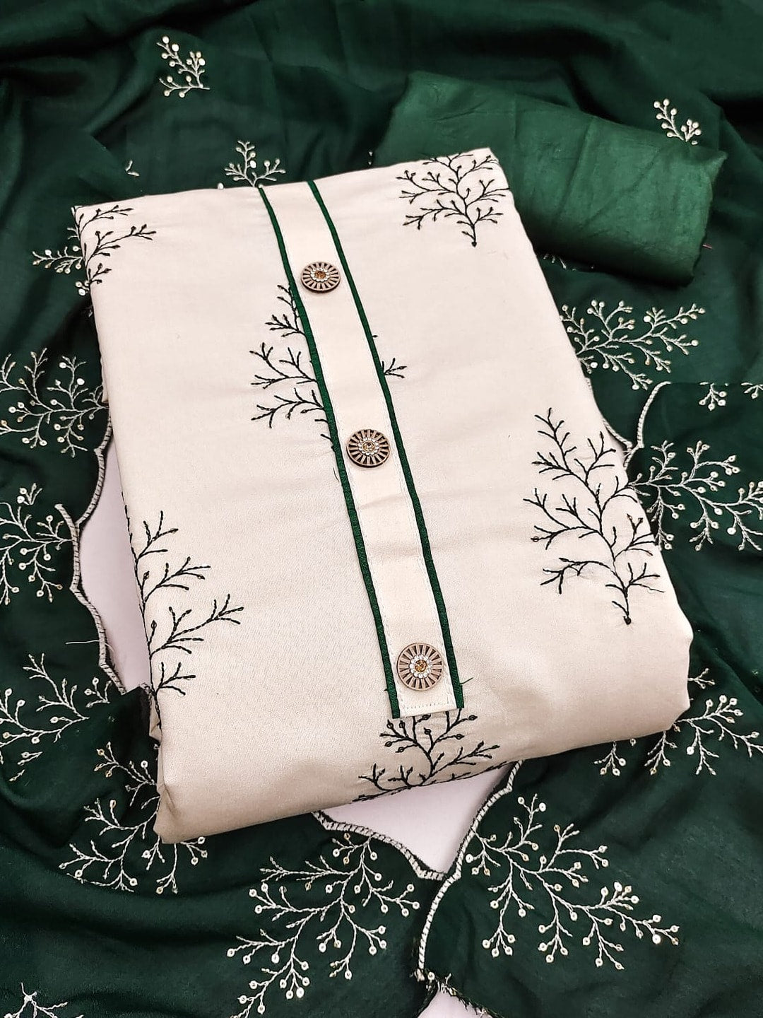Peachmode Bottle Green Roman Silk Unstitched Dress Material With Multi Sequence Work And Chanderi Silk Dupatta - Image 1