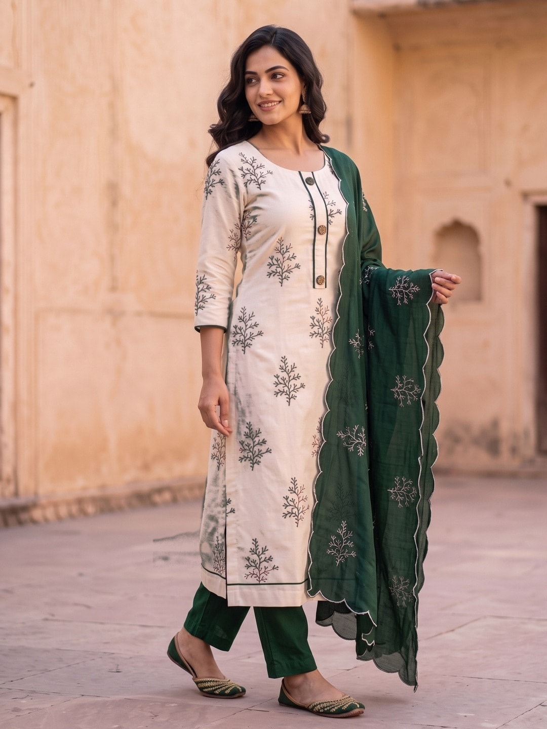 Peachmode Bottle Green Roman Silk Unstitched Dress Material With Multi Sequence Work And Chanderi Silk Dupatta - Image 3