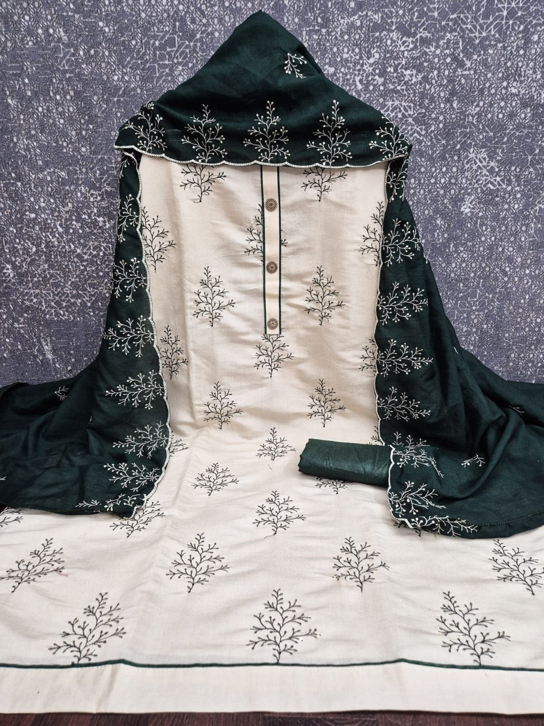 Peachmode Bottle Green Roman Silk Unstitched Dress Material With Multi Sequence Work And Chanderi Silk Dupatta - Image 5