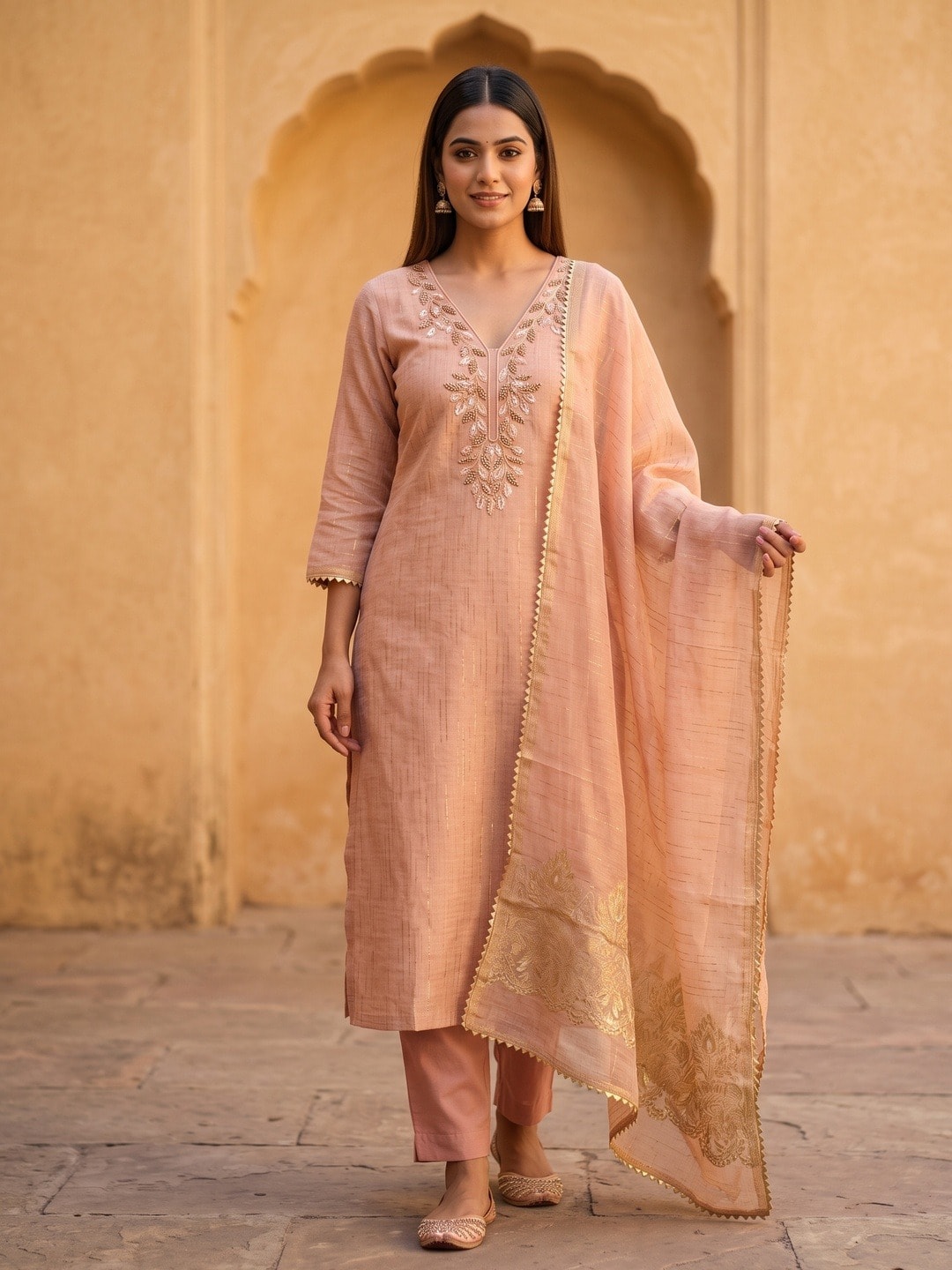 Peachmode Peach Jamdani Silk Unstitched Dress Material With Beads And Thread Neck Work And Jamdani Silk Jacquard Dupatta - Image 2