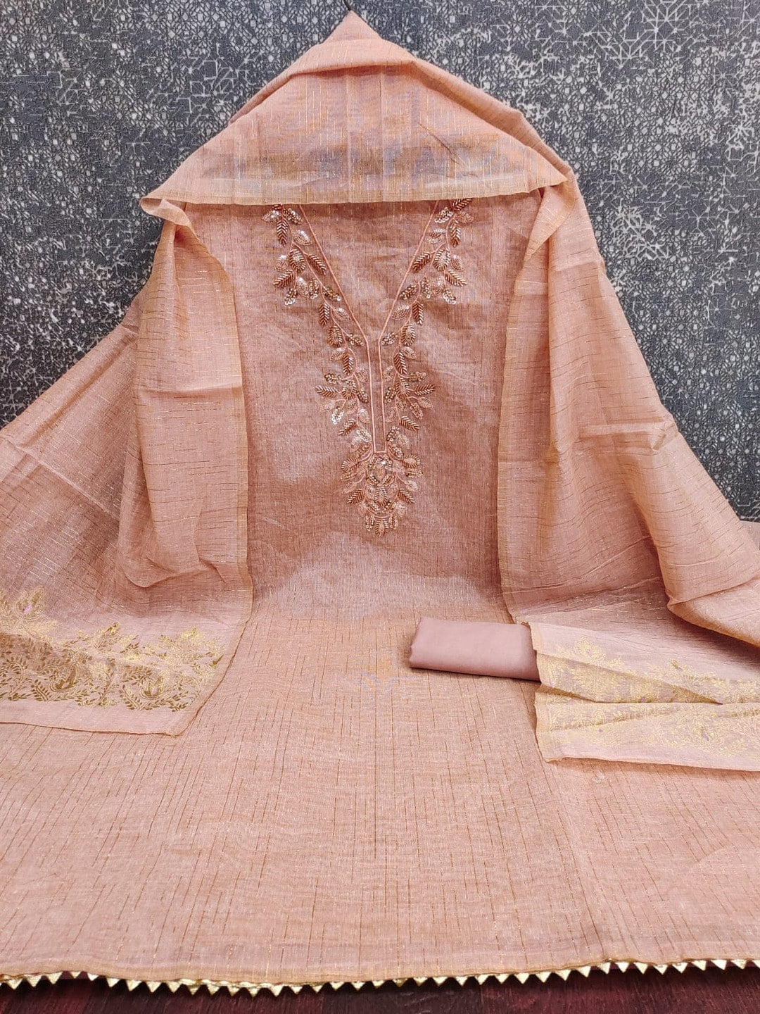 Peachmode Peach Jamdani Silk Unstitched Dress Material With Beads And Thread Neck Work And Jamdani Silk Jacquard Dupatta - Image 3