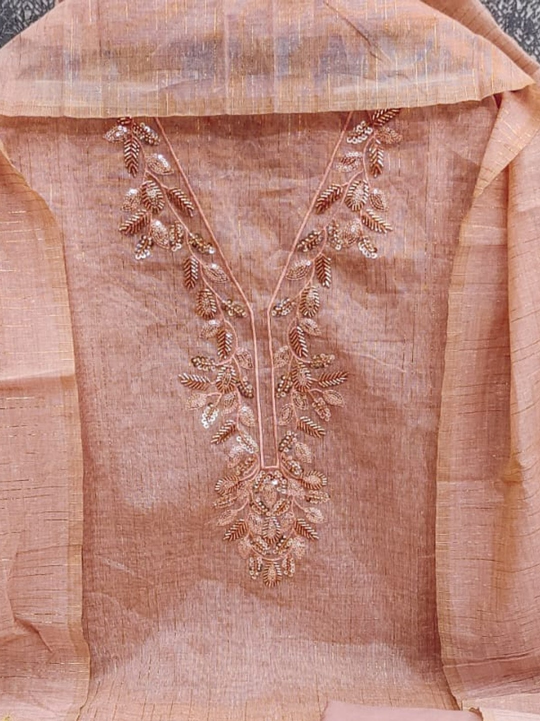 Peachmode Peach Jamdani Silk Unstitched Dress Material With Beads And Thread Neck Work And Jamdani Silk Jacquard Dupatta - Image 4