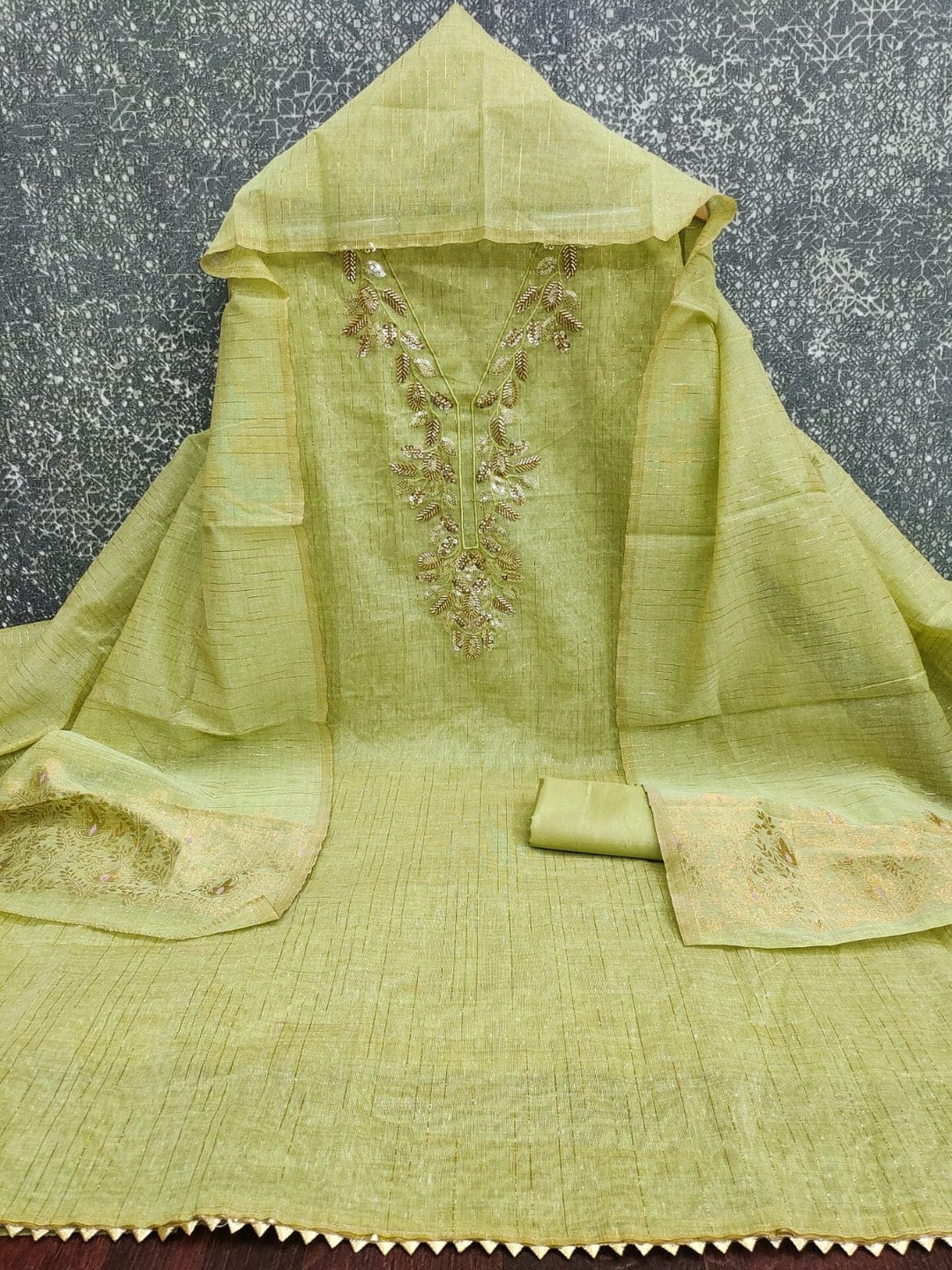 Peachmode Lime Green Jamdani Silk Unstitched Dress Material With Beads And Thread Neck Work And Jamdani Silk Jacquard Dupatta - Image 3
