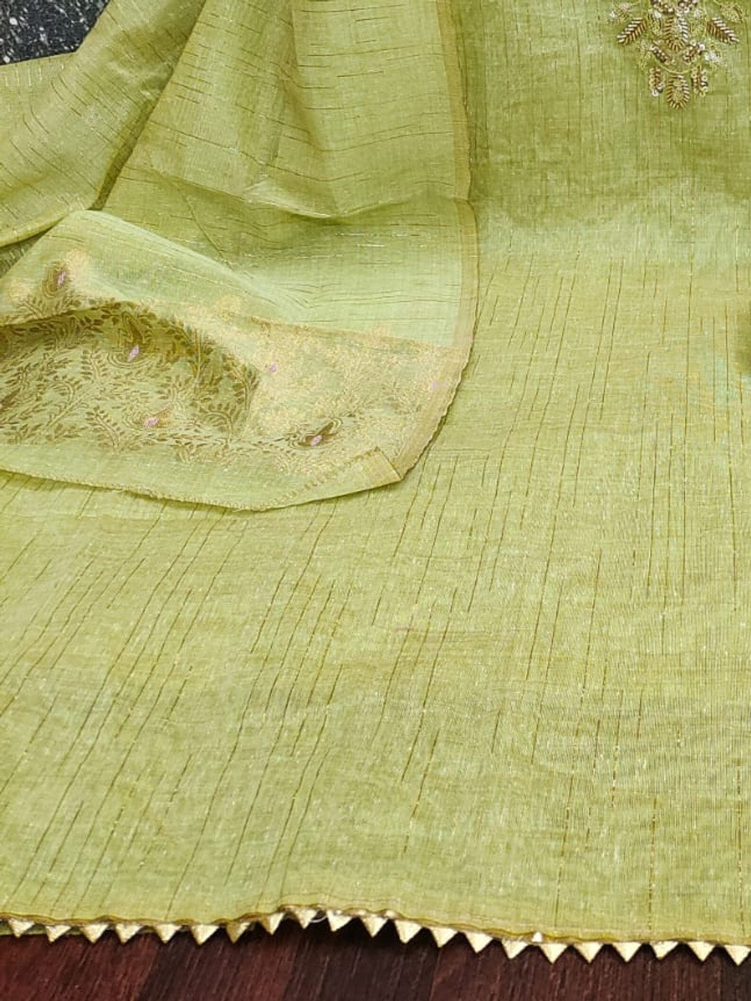 Peachmode Lime Green Jamdani Silk Unstitched Dress Material With Beads And Thread Neck Work And Jamdani Silk Jacquard Dupatta - Image 5