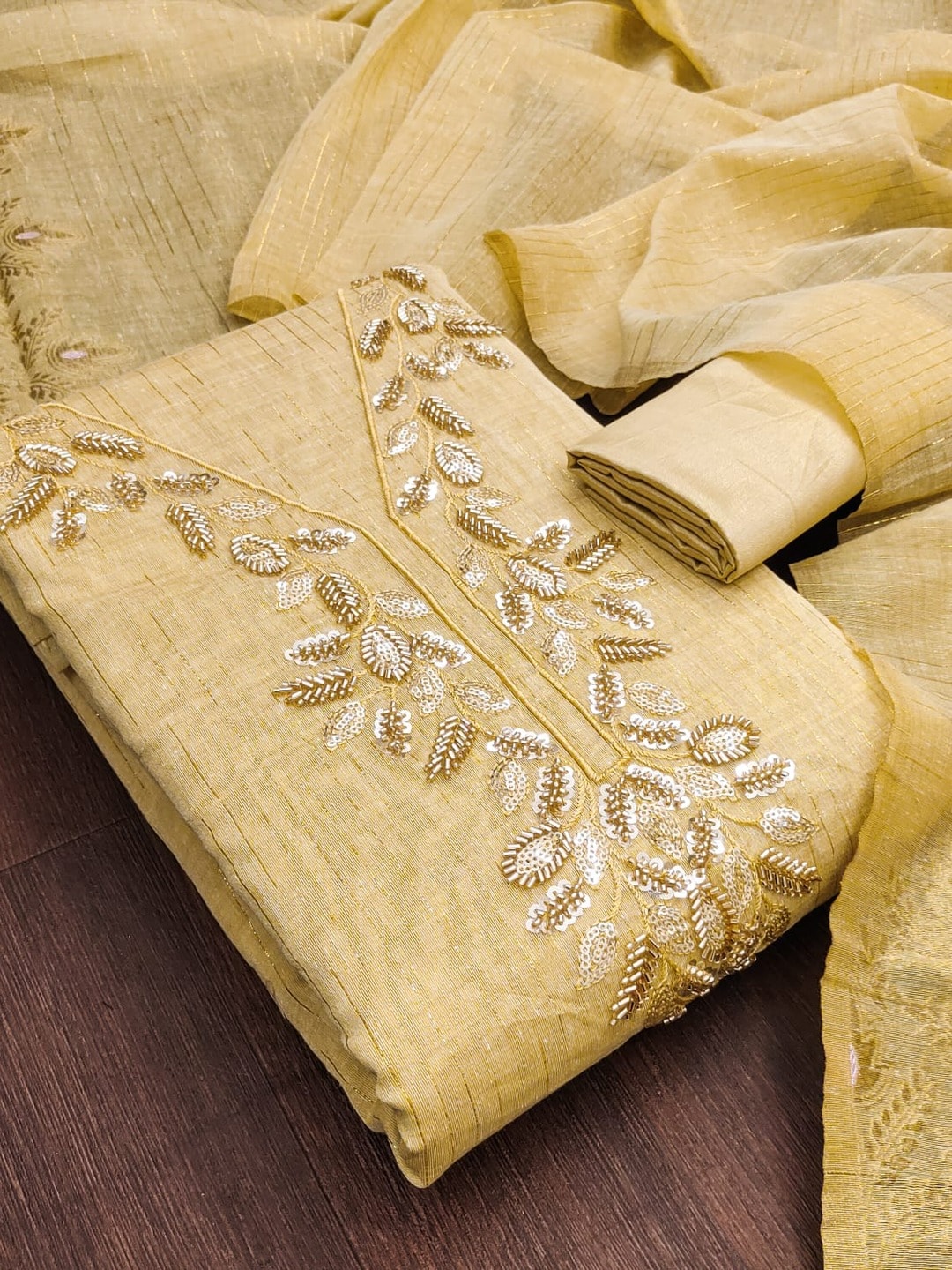 Peachmode Yellow Jamdani Silk Unstitched Dress Material With Beads And Thread Neck Work And Jamdani Silk Jacquard Dupatta - Image 1
