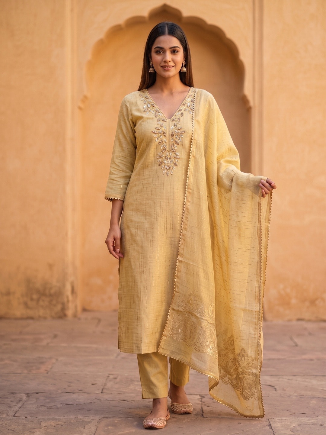 Peachmode Yellow Jamdani Silk Unstitched Dress Material With Beads And Thread Neck Work And Jamdani Silk Jacquard Dupatta - Image 2