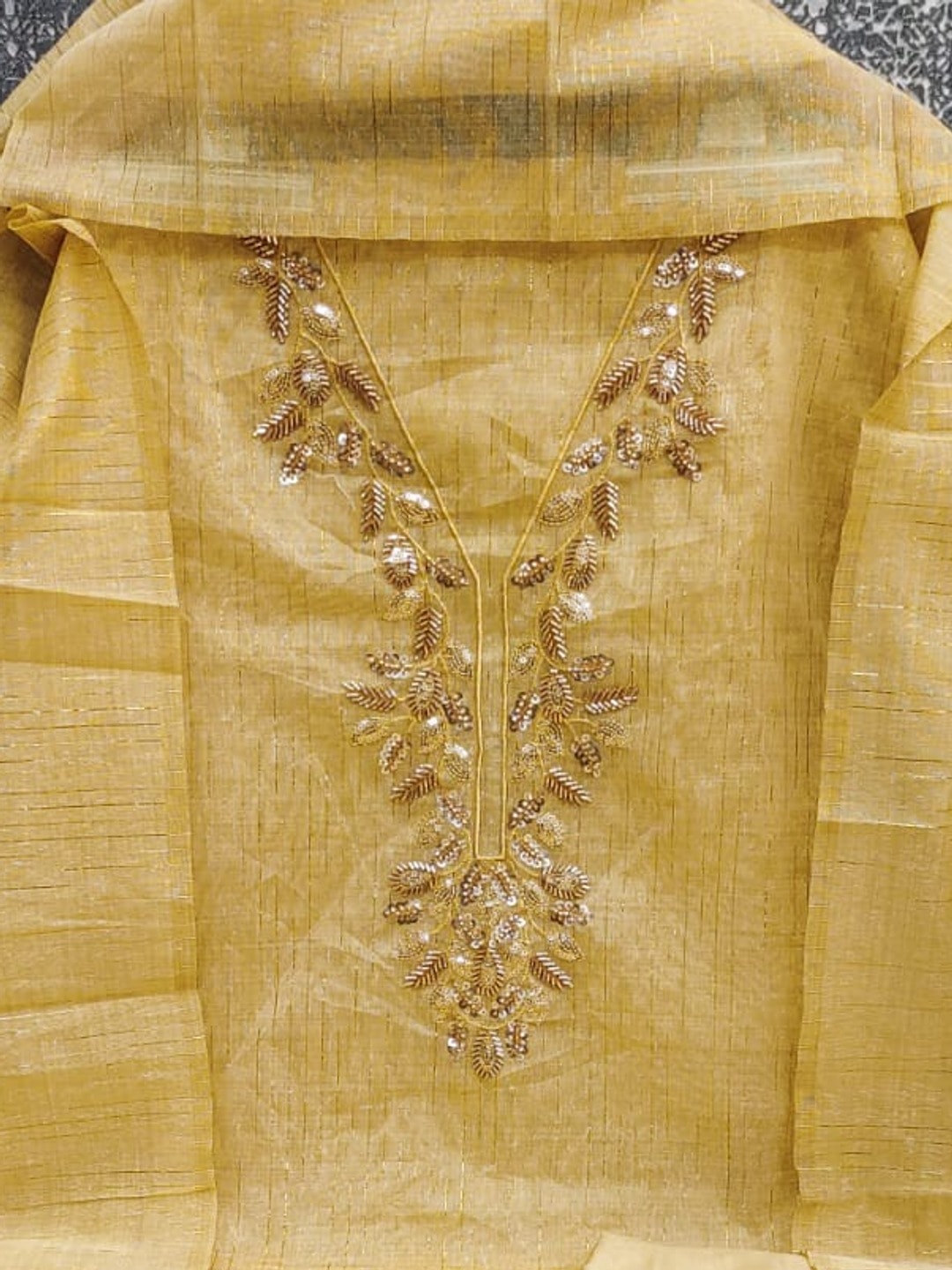 Peachmode Yellow Jamdani Silk Unstitched Dress Material With Beads And Thread Neck Work And Jamdani Silk Jacquard Dupatta - Image 4