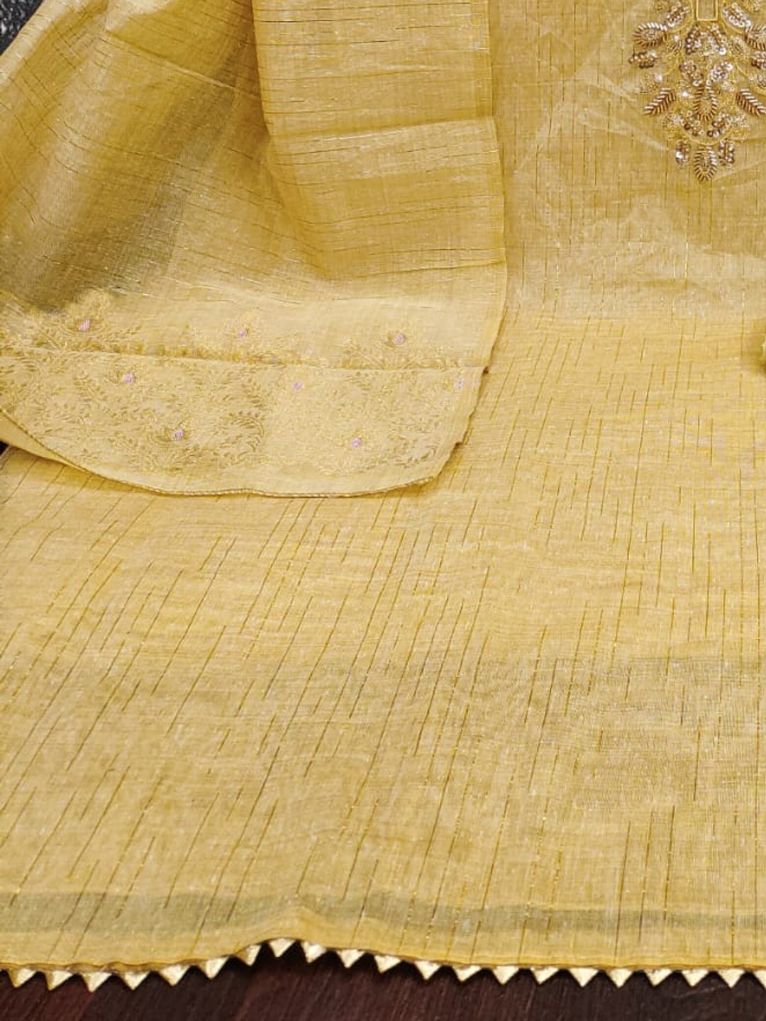 Peachmode Yellow Jamdani Silk Unstitched Dress Material With Beads And Thread Neck Work And Jamdani Silk Jacquard Dupatta - Image 5