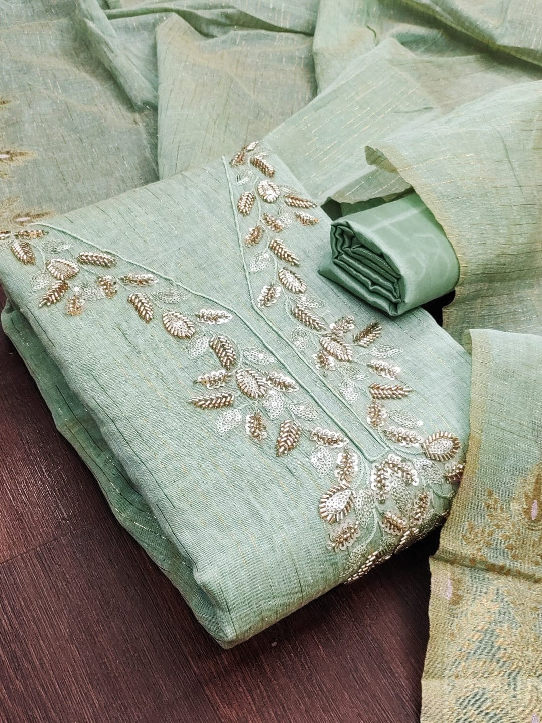 Peachmode Mint Green Jamdani Silk Unstitched Dress Material With Beads And Thread Neck Work And Jamdani Silk Jacquard Dupatta - Image 1