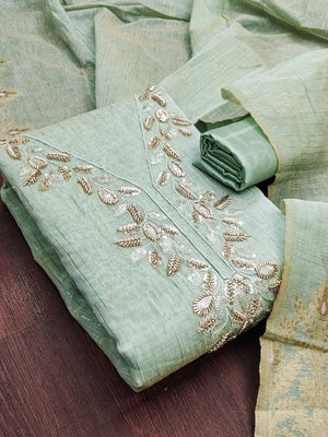 Peachmode Mint Green Jamdani Silk Unstitched Dress Material With Beads And Thread Neck Work And Jamdani Silk Jacquard Dupatta - Image 1