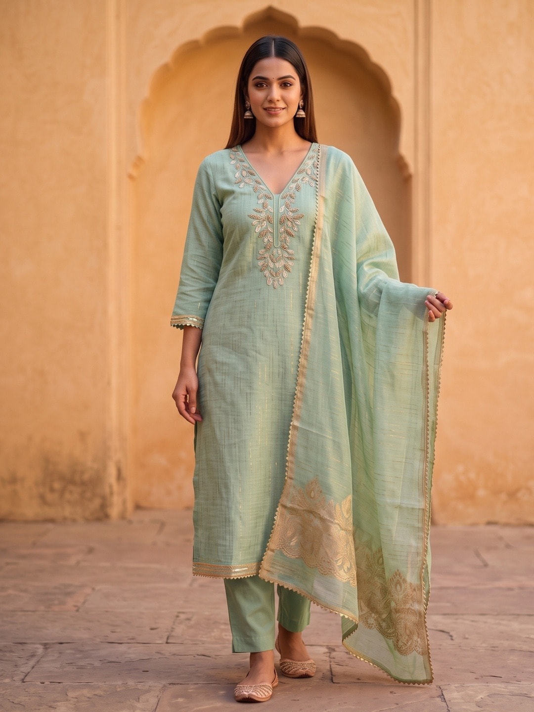 Peachmode Mint Green Jamdani Silk Unstitched Dress Material With Beads And Thread Neck Work And Jamdani Silk Jacquard Dupatta - Image 2