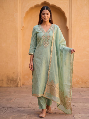 Peachmode Mint Green Jamdani Silk Unstitched Dress Material With Beads And Thread Neck Work And Jamdani Silk Jacquard Dupatta - Image 2