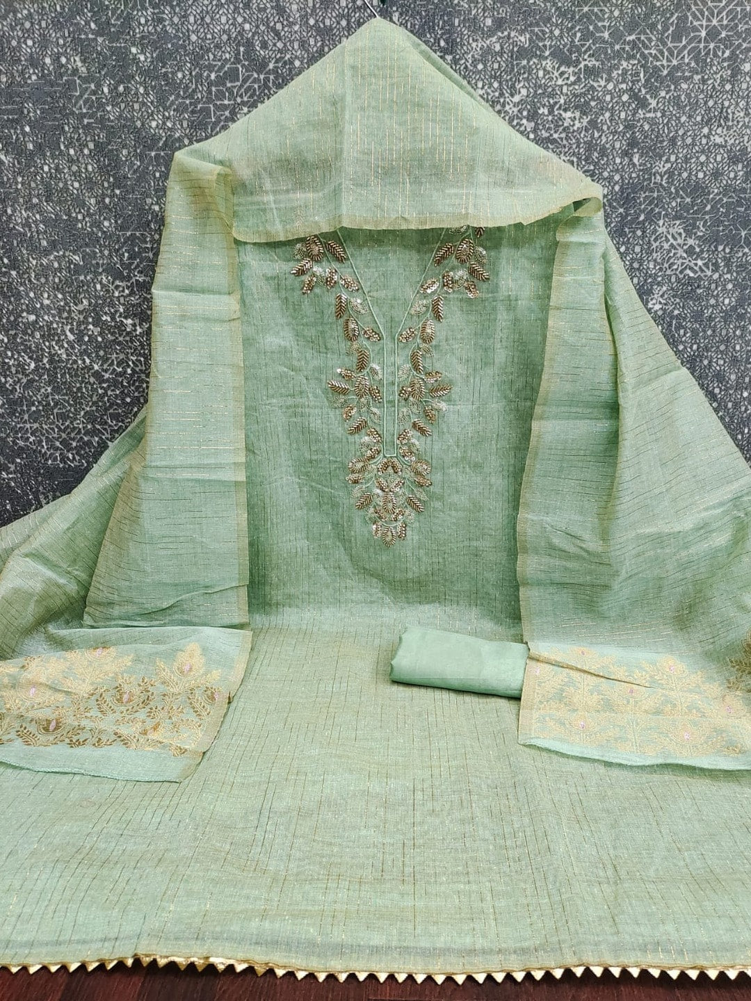 Peachmode Mint Green Jamdani Silk Unstitched Dress Material With Beads And Thread Neck Work And Jamdani Silk Jacquard Dupatta - Image 3
