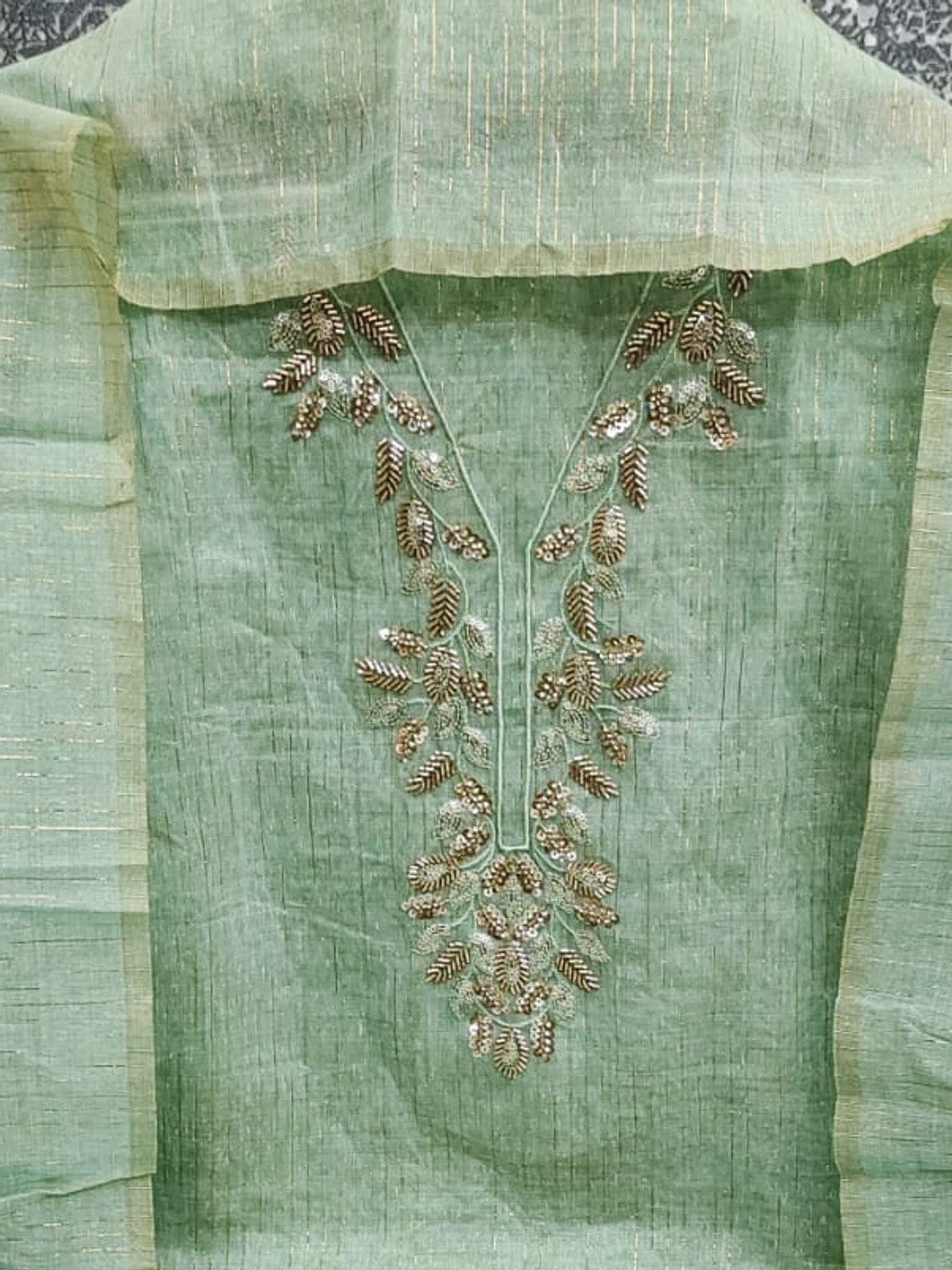 Peachmode Mint Green Jamdani Silk Unstitched Dress Material With Beads And Thread Neck Work And Jamdani Silk Jacquard Dupatta - Image 4