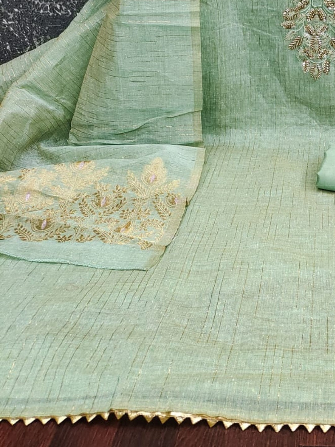 Peachmode Mint Green Jamdani Silk Unstitched Dress Material With Beads And Thread Neck Work And Jamdani Silk Jacquard Dupatta - Image 5