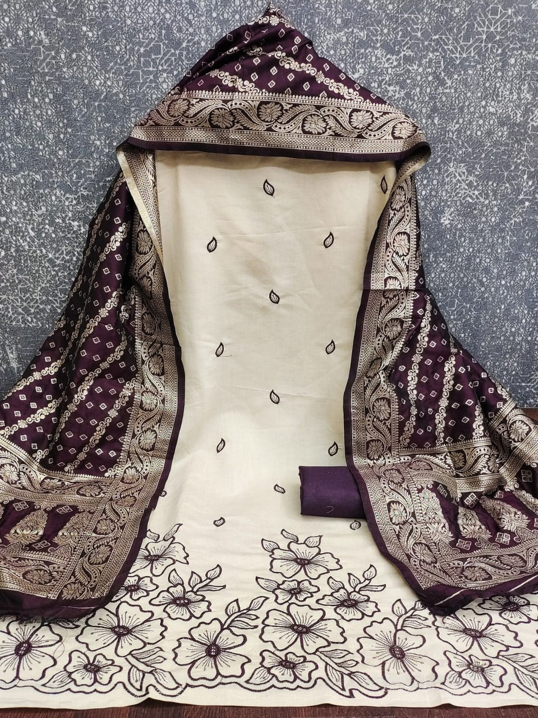 Peachmode Purple Roman Silk Unstitched Dress Material With Multi Sequence Floral Embroidery And Banarasi Silk Jacquard Dupatta - Image 5