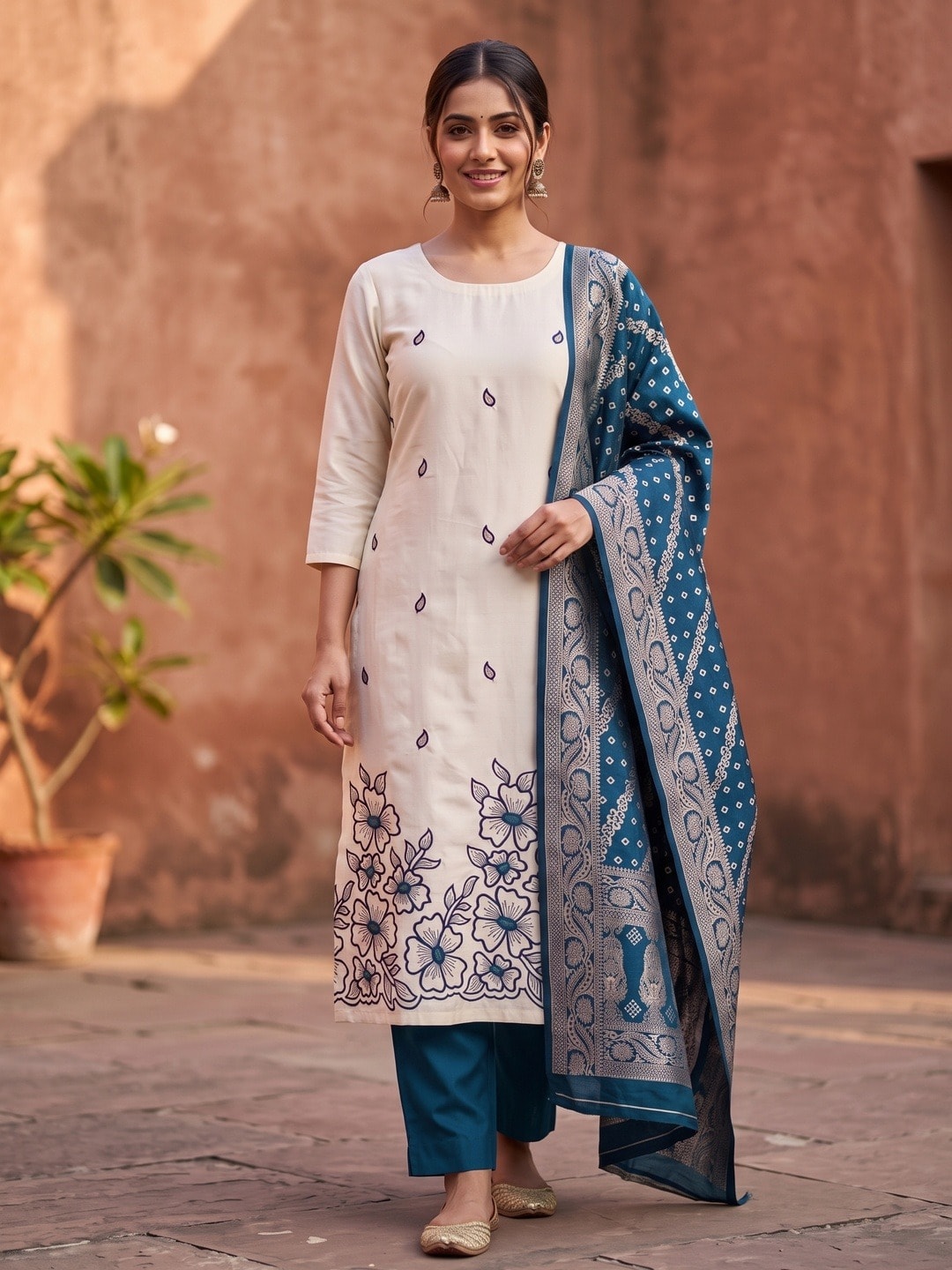 Peachmode Peacock Blue Roman Silk Unstitched Dress Material With Multi Sequence Floral Embroidery And Banarasi Silk Jacquard Dupatta - Image 2