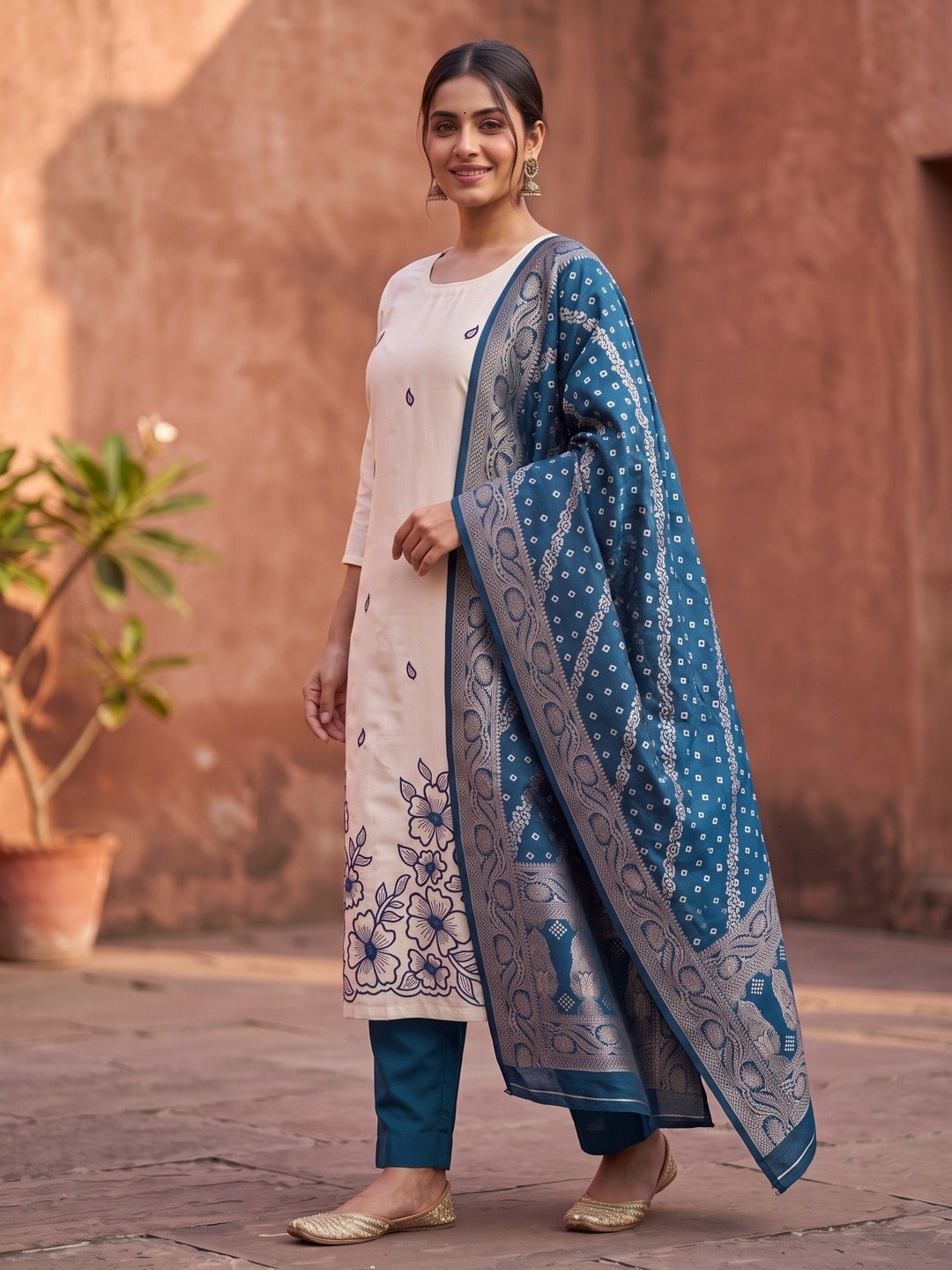 Peachmode Peacock Blue Roman Silk Unstitched Dress Material With Multi Sequence Floral Embroidery And Banarasi Silk Jacquard Dupatta - Image 3