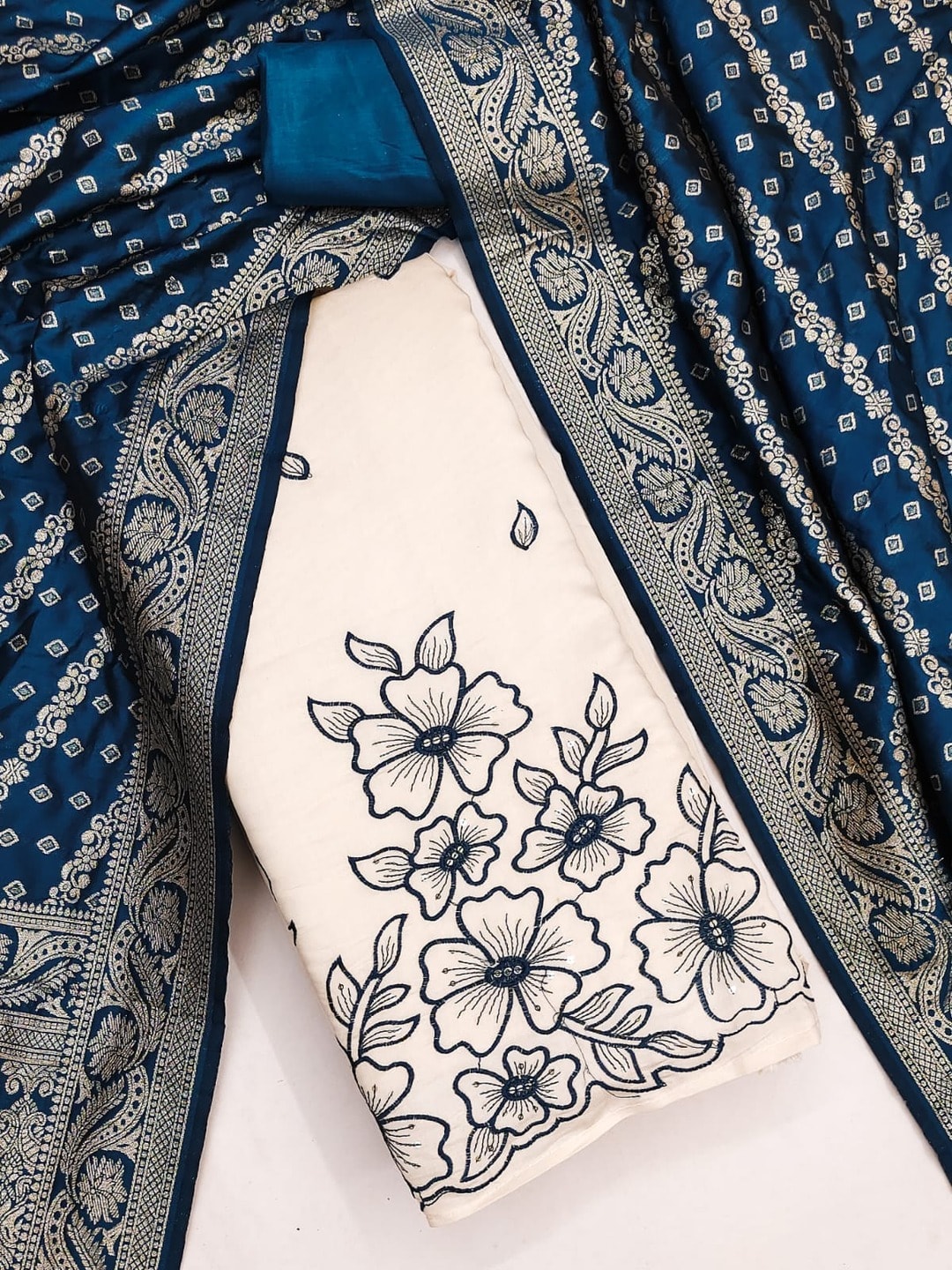 Peachmode Peacock Blue Roman Silk Unstitched Dress Material With Multi Sequence Floral Embroidery And Banarasi Silk Jacquard Dupatta - Image 5