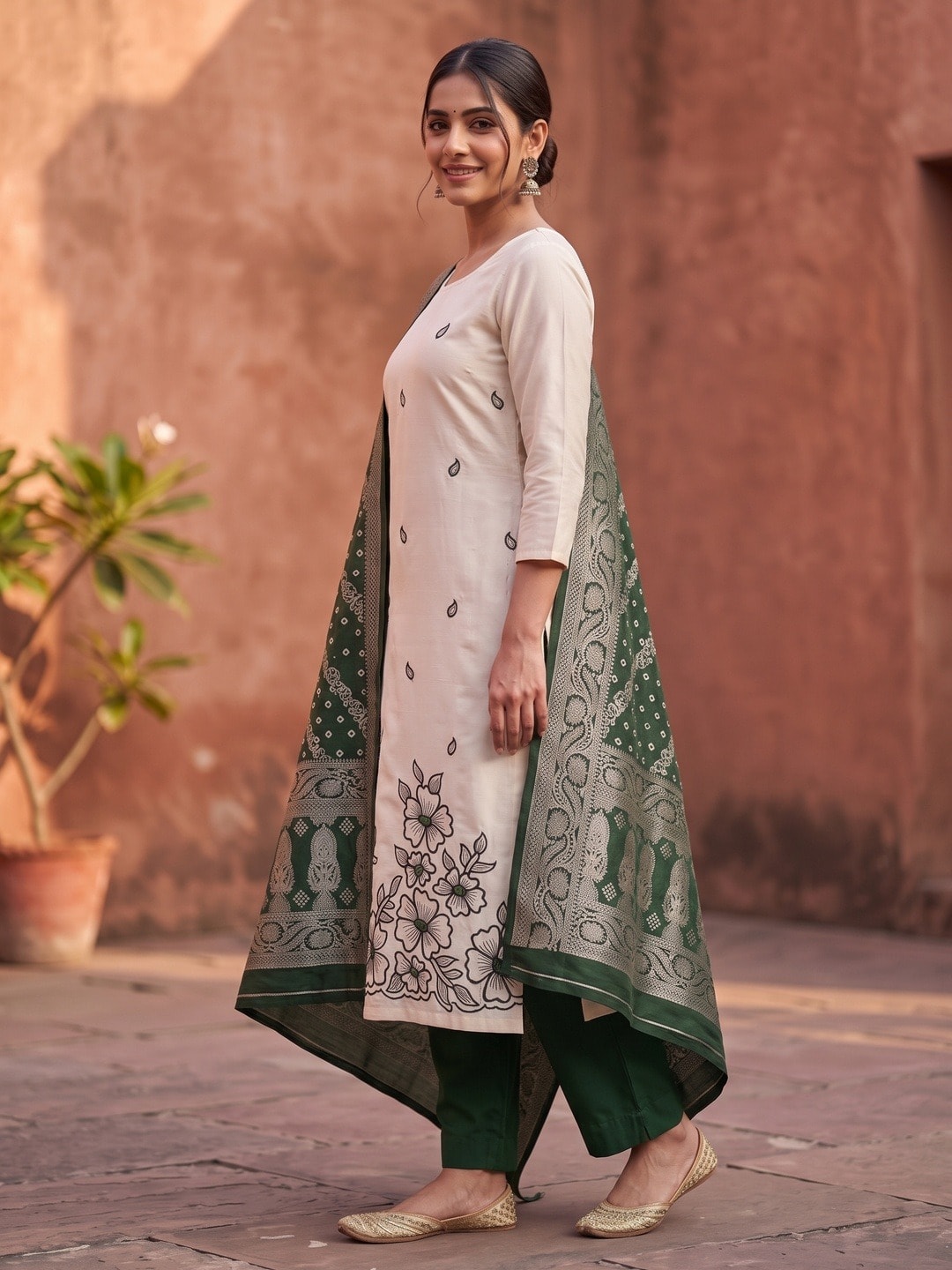 Peachmode Bottle Green Roman Silk Unstitched Dress Material With Multi Sequence Floral Embroidery And Banarasi Silk Jacquard Dupatta - Image 3