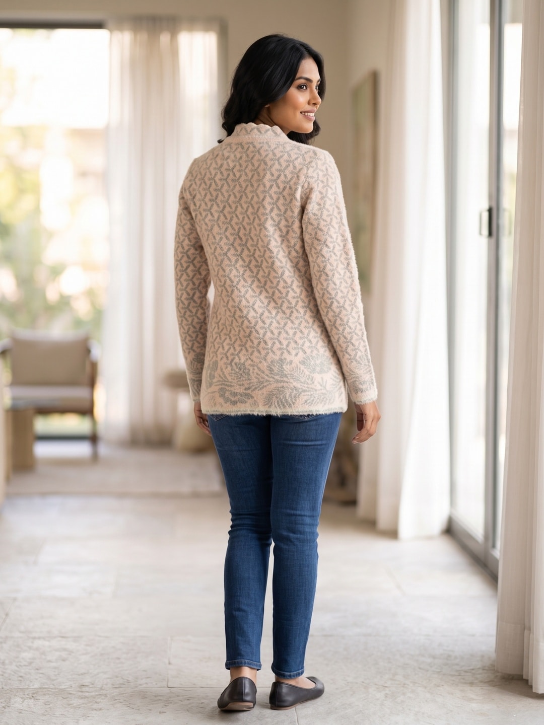 Peachmode Pink Floral Jacquard Woolen Cardigan - Image 2