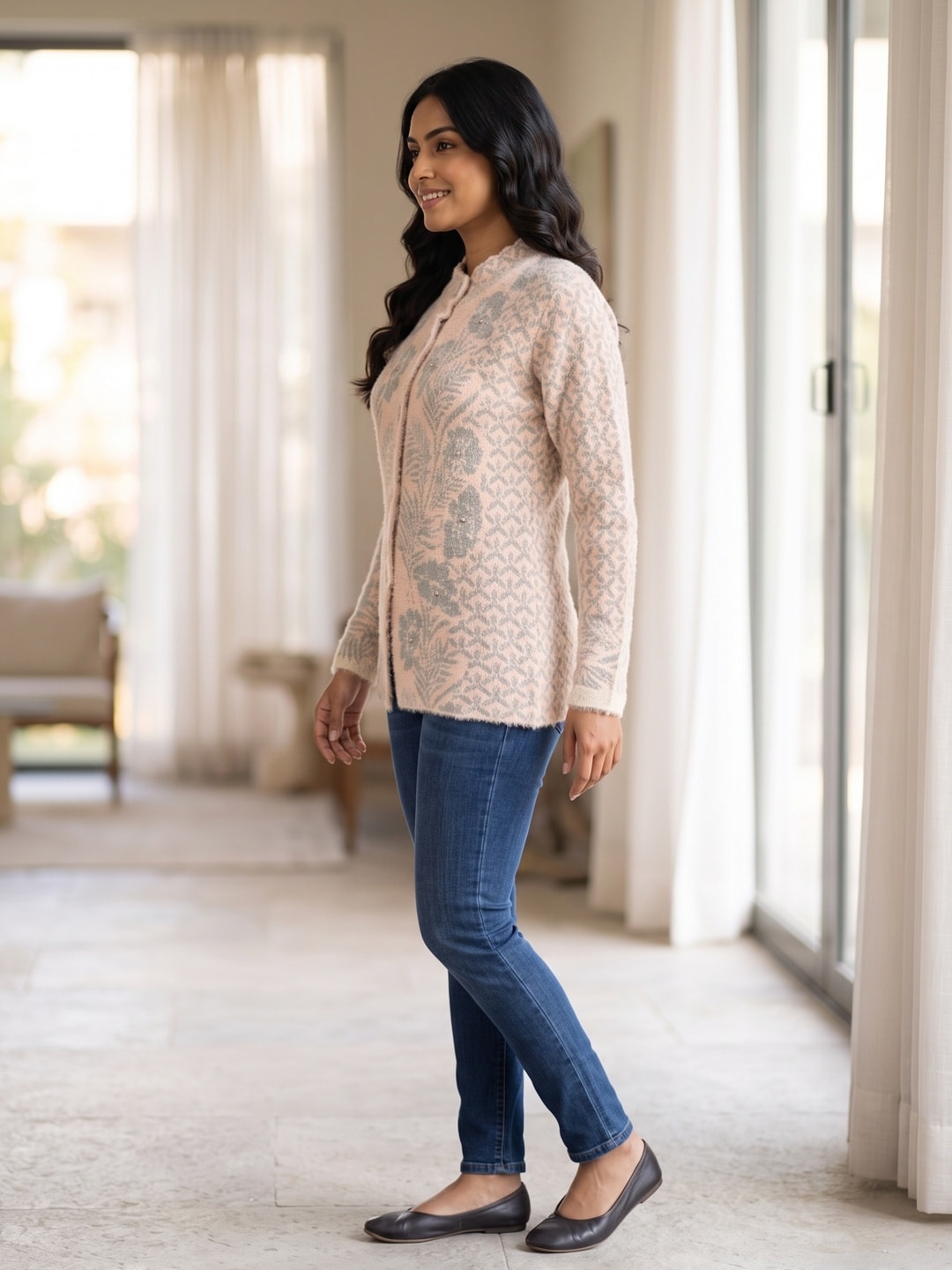Peachmode Pink Floral Jacquard Woolen Cardigan - Image 3