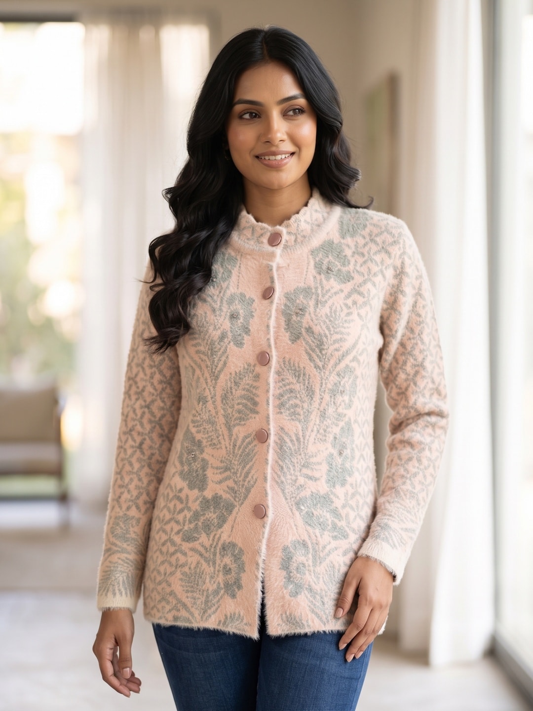 Peachmode Pink Floral Jacquard Woolen Cardigan - Image 4