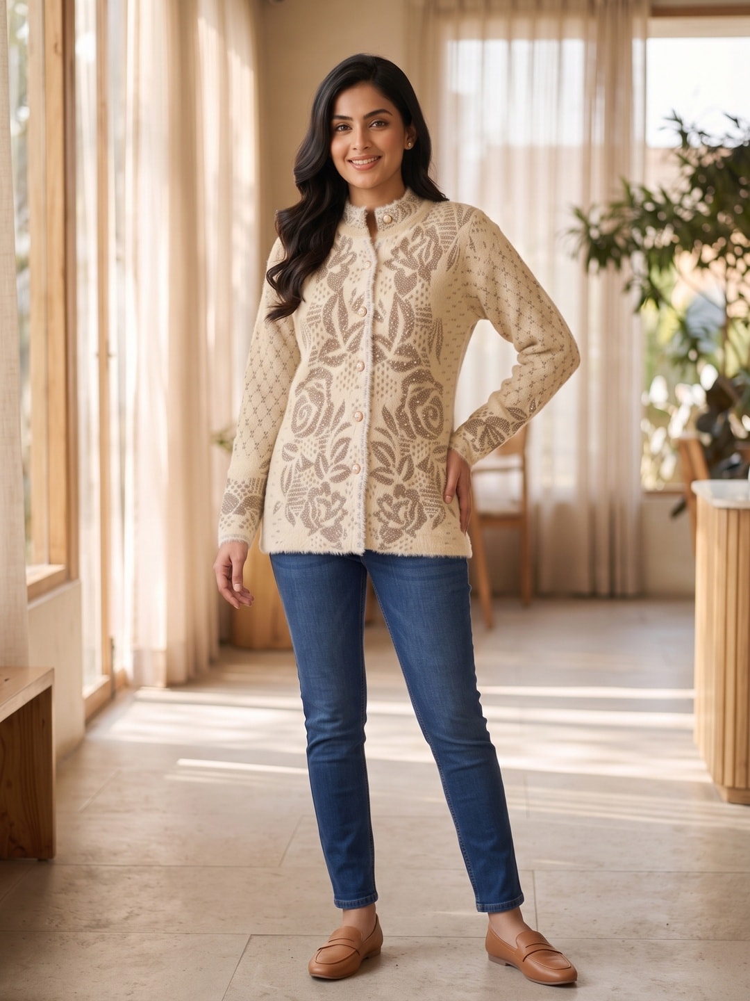 Peachmode Beige Rose Jacquard Pearl Woolen Cardigan - Image 1