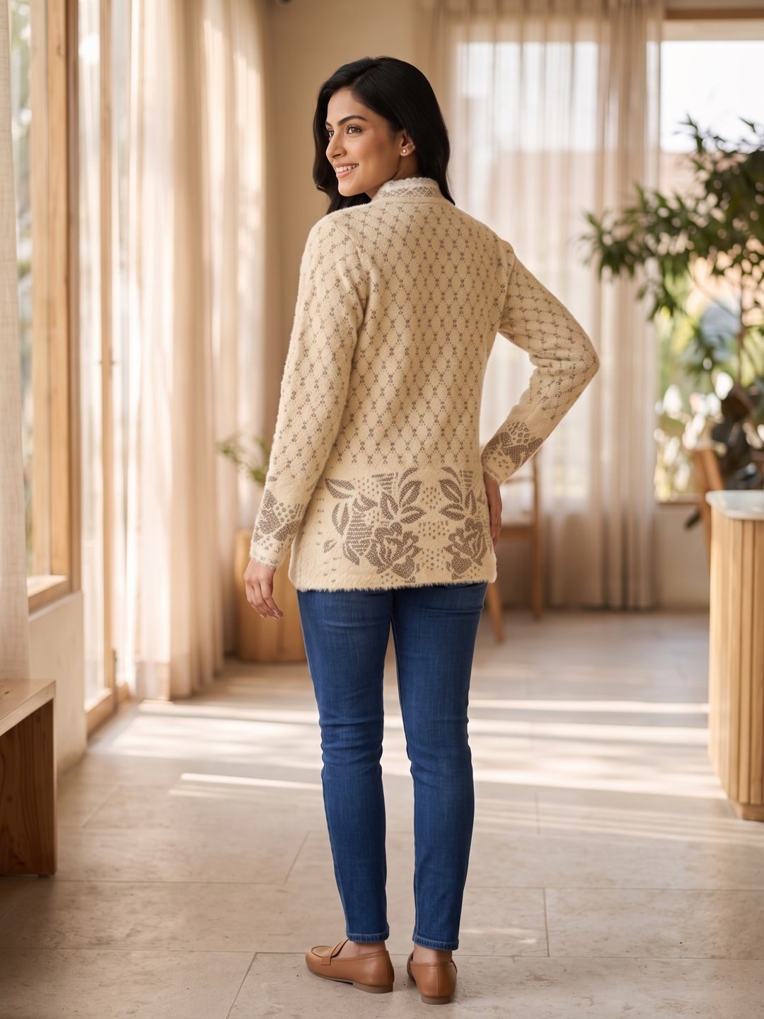 Peachmode Beige Rose Jacquard Pearl Woolen Cardigan - Image 2