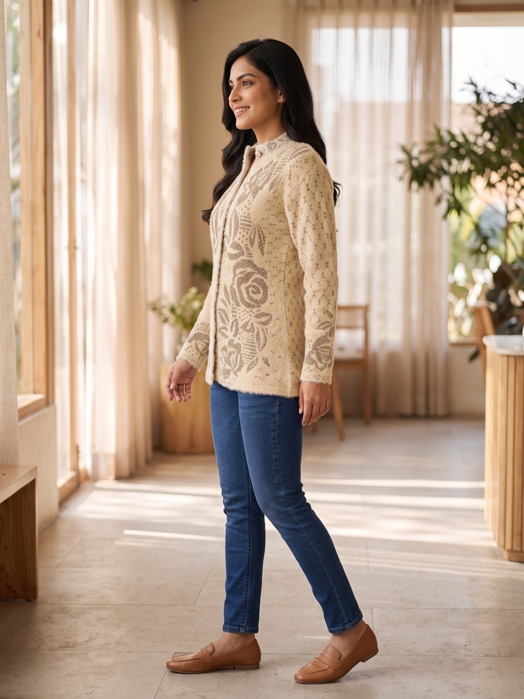 Peachmode Beige Rose Jacquard Pearl Woolen Cardigan - Image 3