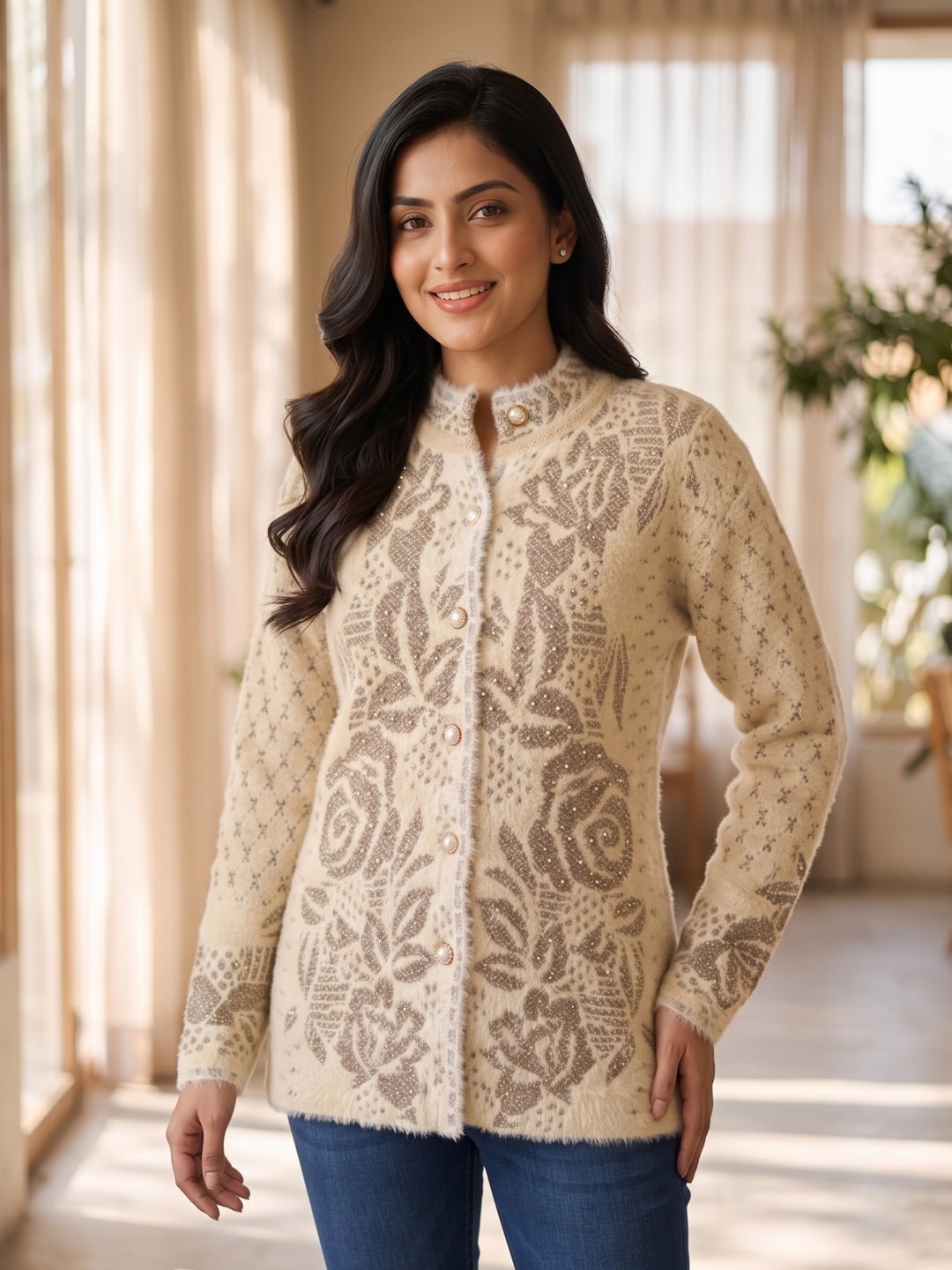 Peachmode Beige Rose Jacquard Pearl Woolen Cardigan - Image 4