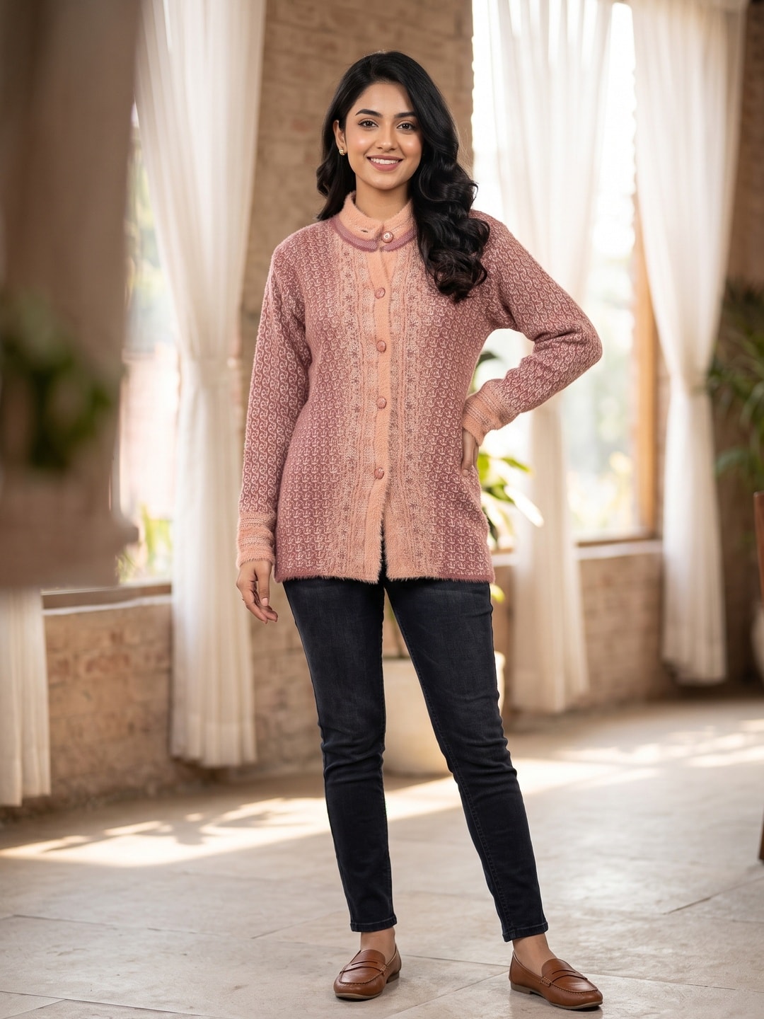Peachmode Mauve Paisley Jacquard Woolen Cardigan - Image 1