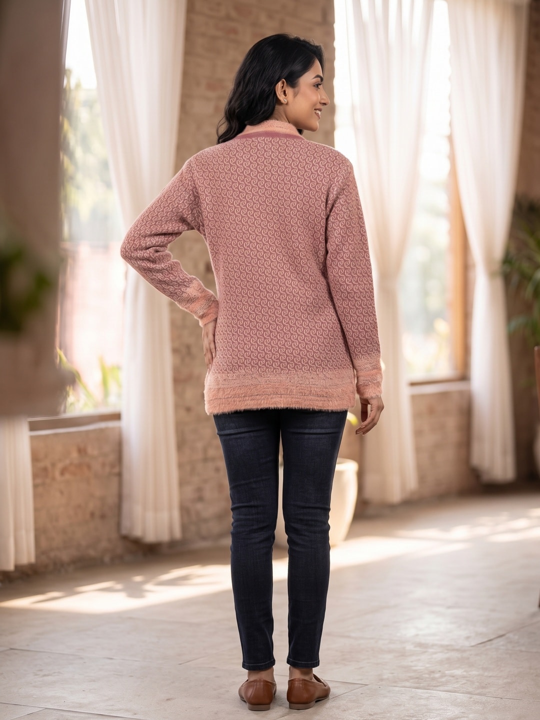 Peachmode Mauve Paisley Jacquard Woolen Cardigan - Image 2