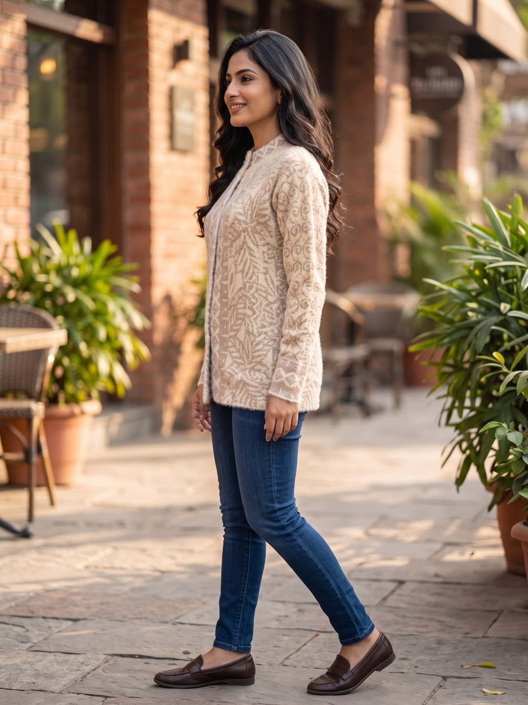 Peachmode Beige Braided Jacquard Pearl Woolen Cardigan - Image 3
