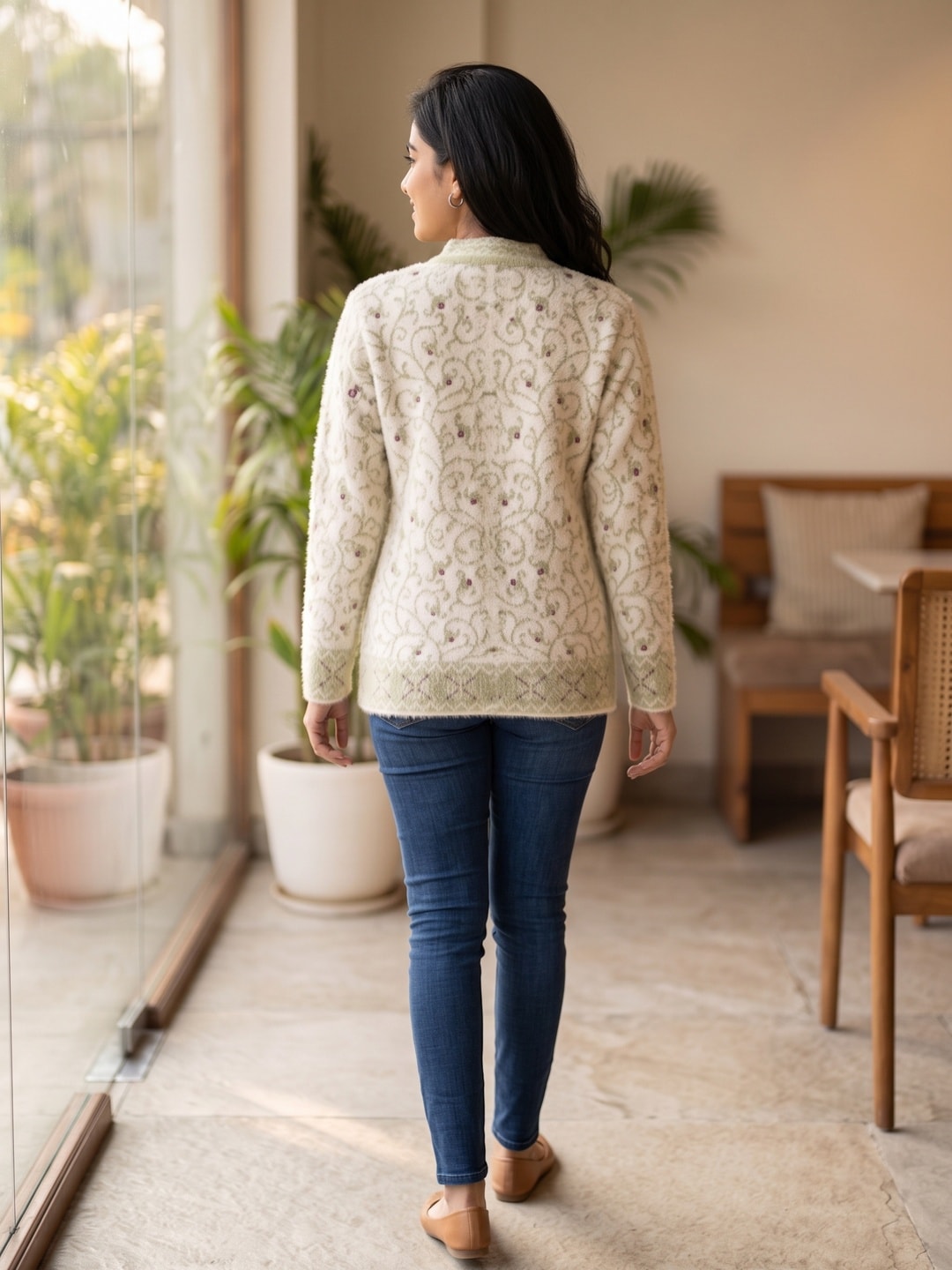 Peachmode White Floral Vine Jacquard Woolen Cardigan - Image 2