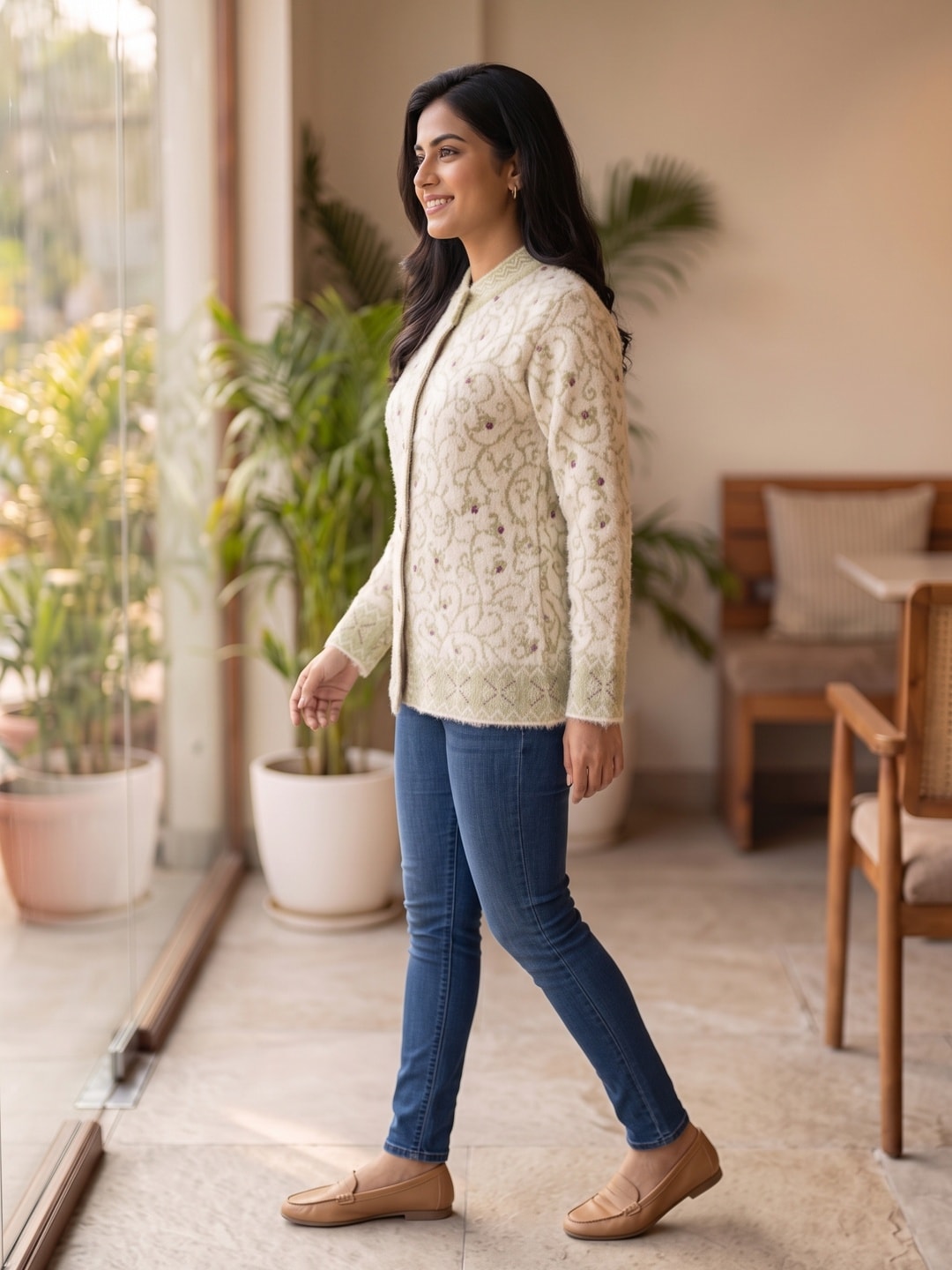 Peachmode White Floral Vine Jacquard Woolen Cardigan - Image 3