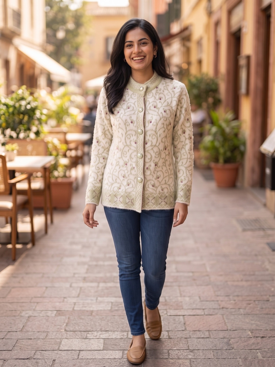 Peachmode White Floral Vine Jacquard Woolen Cardigan - Image 5