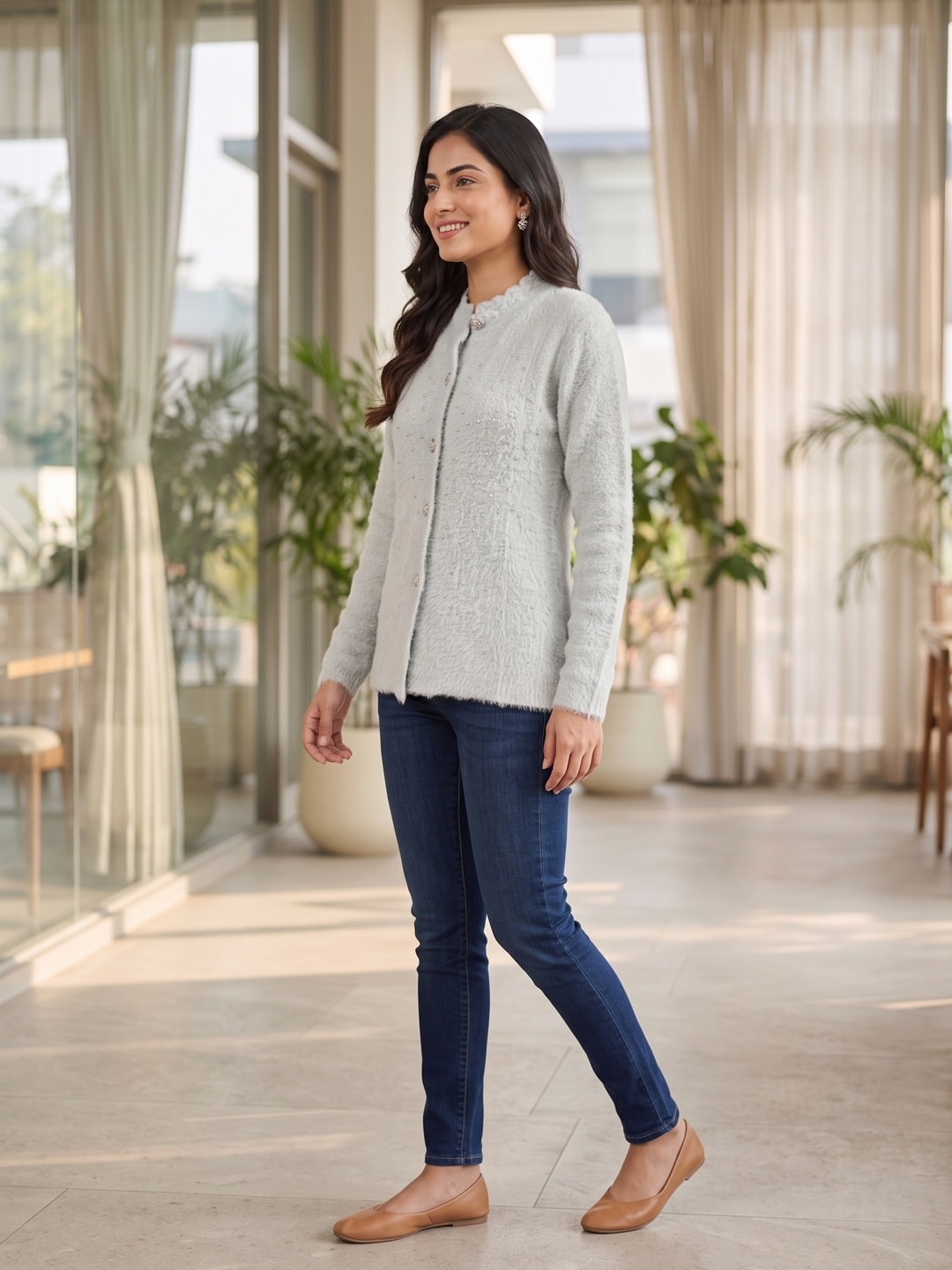 Peachmode Grey Pearl Beaded Fuzzy Woolen Cardigan - Image 3