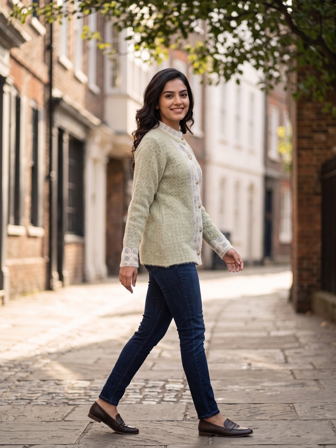 Peachmode Green Floral Jacquard Beaded Woolen Cardigan - Image 5
